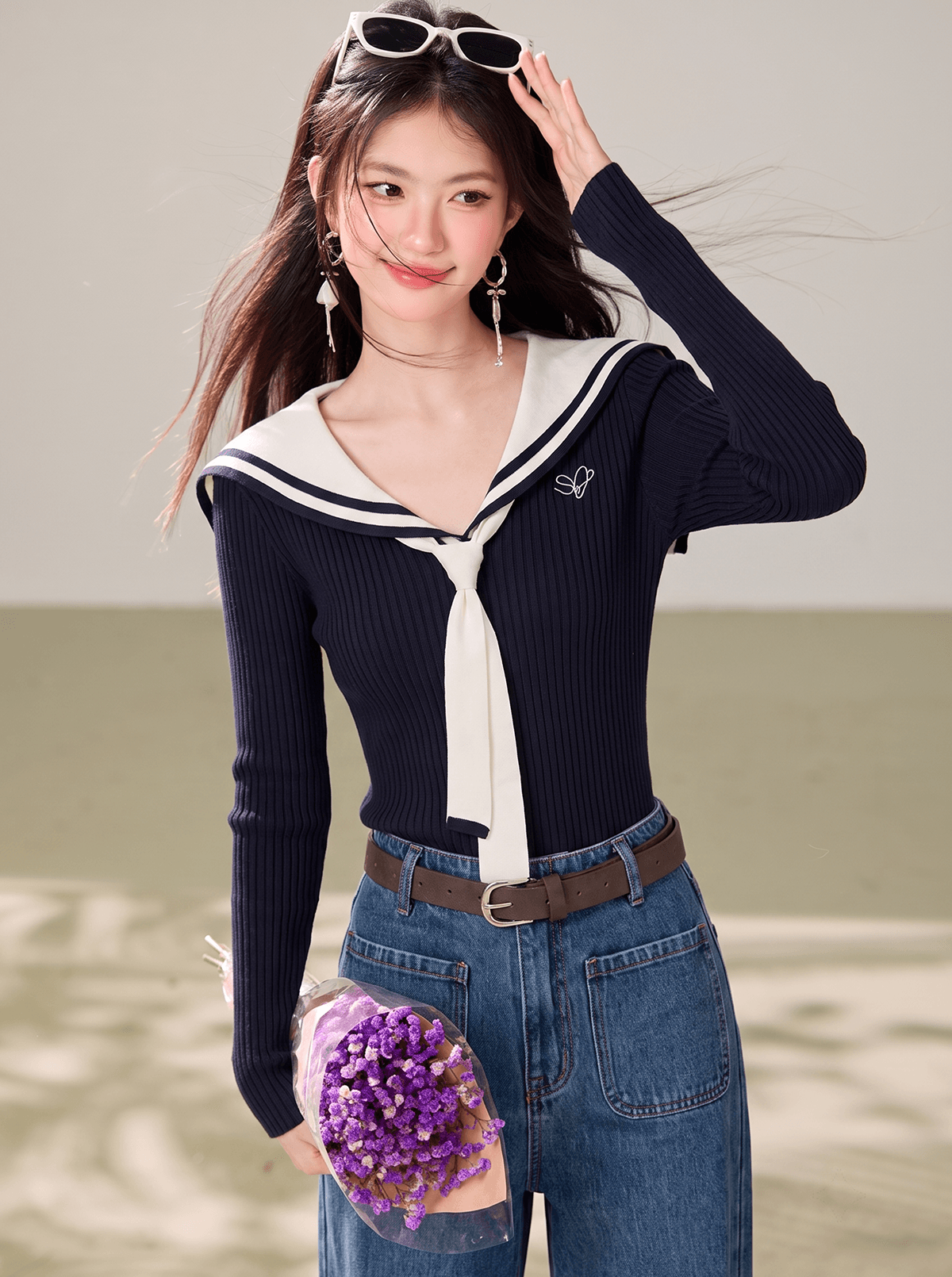 2026 가을 새로운 아메리칸 레트로 검정색 알파벳 자수 해군 칼라 몸매 가꾸기 털 니트 스웨터 첨부 된 넥타이