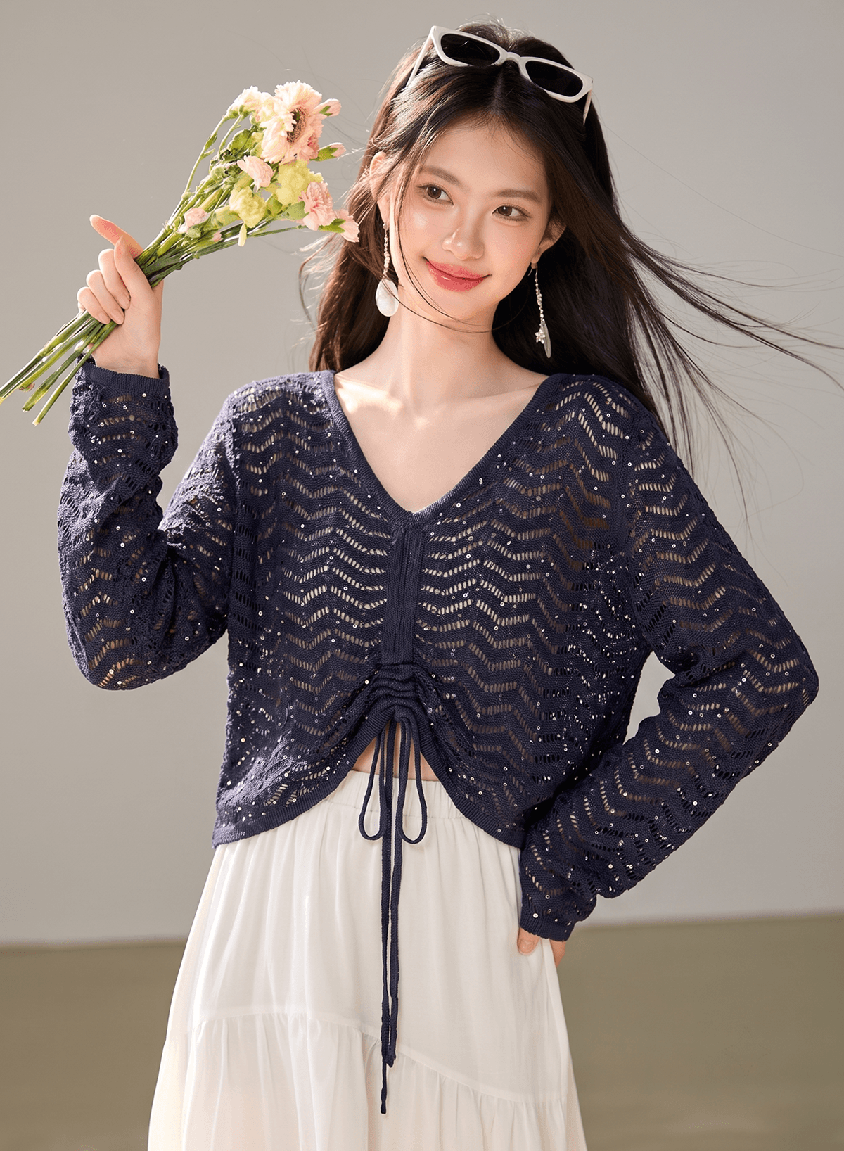순수한 욕망 바람 펌프 로프 홀로우 아웃 니트 스웨터 작은 대중 봄 여름 루즈핏 슬림해 보이는 지방 mm 얇은 스타일 쇼트 스타일 V넥 작은 셔츠 여성 이미지 2