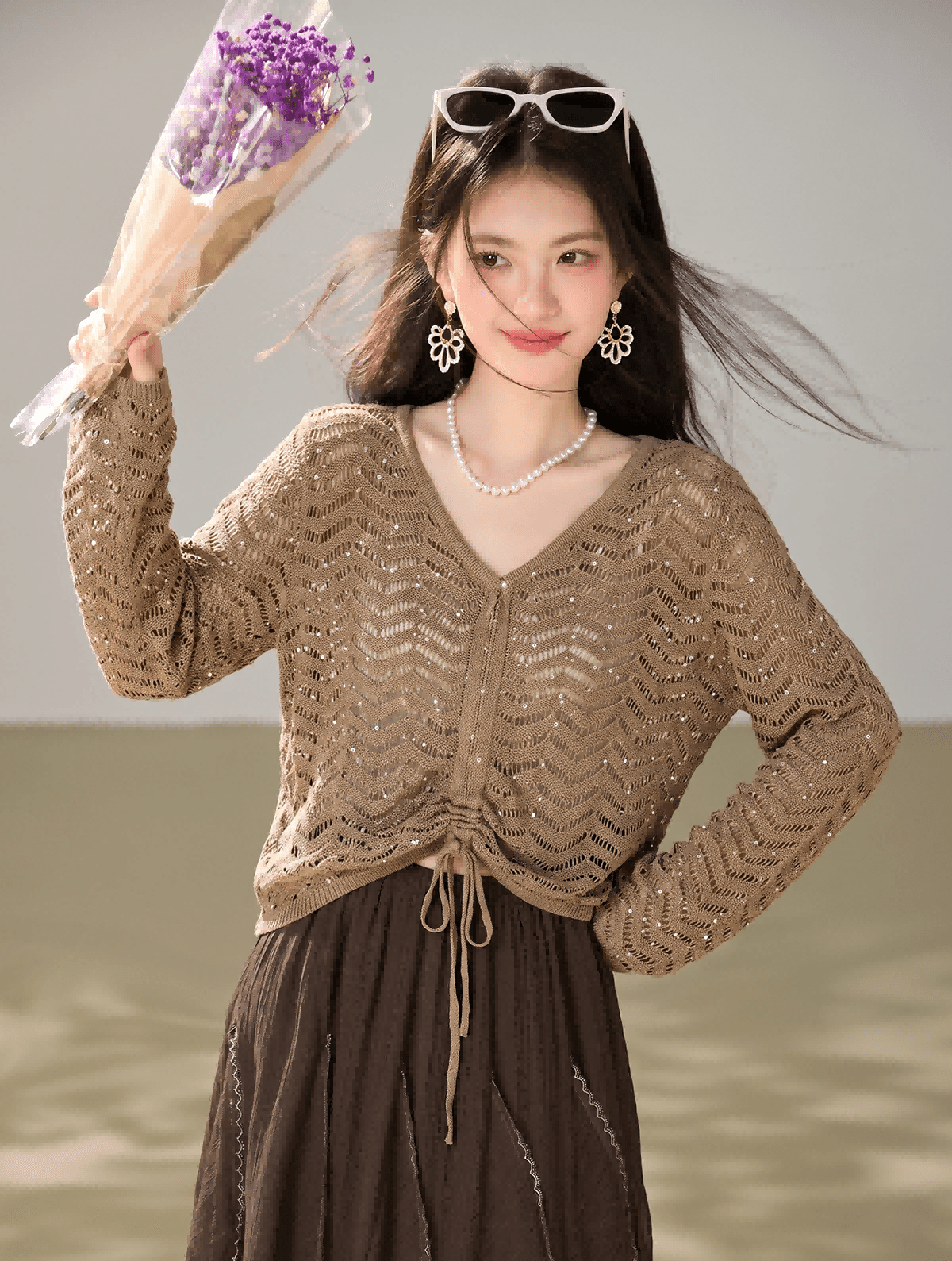 순수한 욕망 바람 펌프 로프 홀로우 아웃 니트 스웨터 작은 대중 봄 여름 루즈핏 슬림해 보이는 지방 mm 얇은 스타일 쇼트 스타일 V넥 작은 셔츠 여성 이미지 4