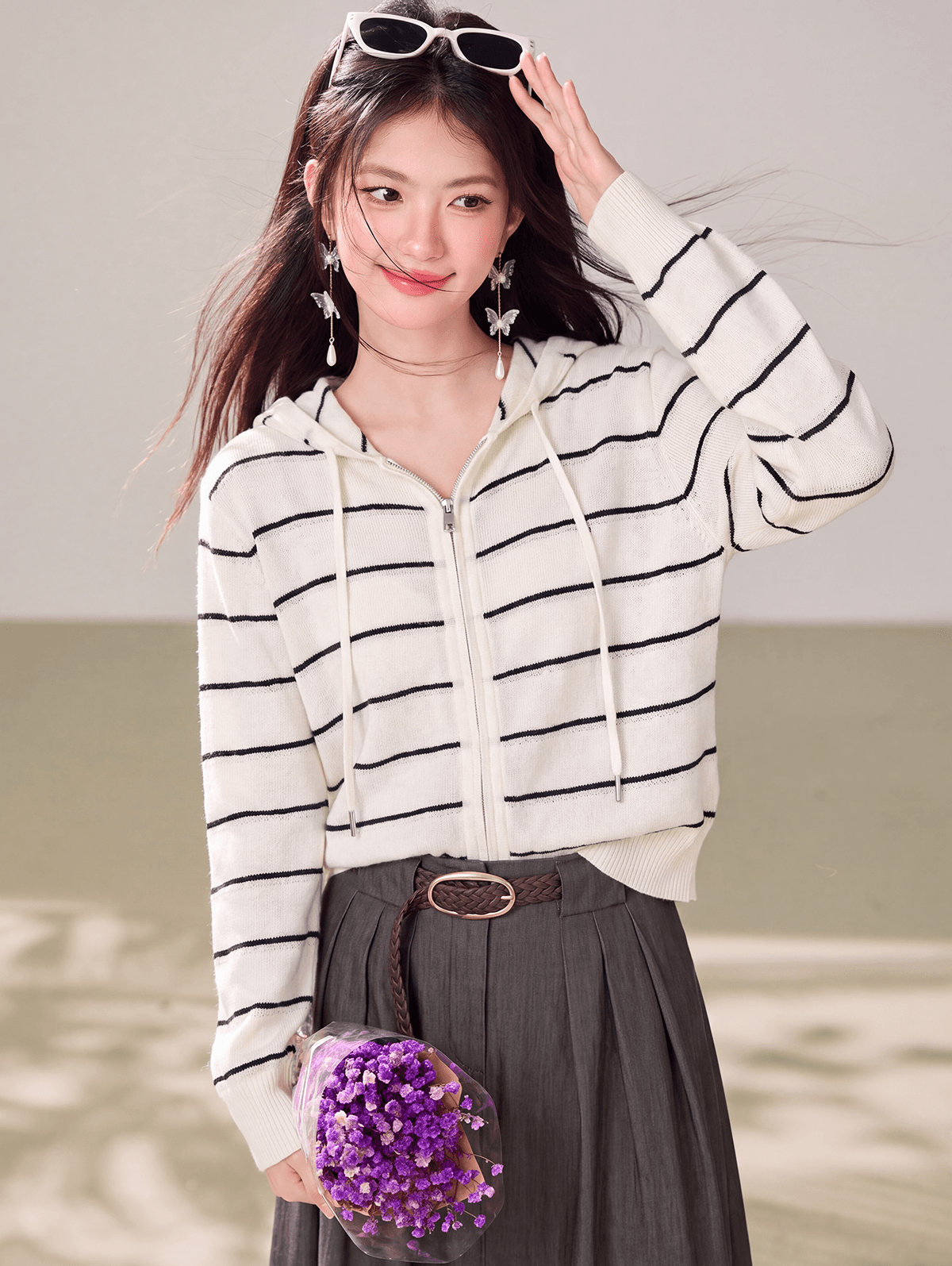 배색 핫셀블라드 선 헨리 칼라 스트라이프 모자 셔츠 가을 캐주얼 몸매 가꾸기 운동 고급 센스 후드 티 스웨터 여성 이미지 4