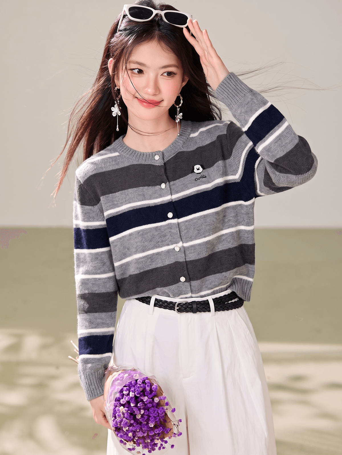 라운드 넥 스트라이프 니트 오픈 가디건 2026 년 봄 가을 miu 부서 학원 스타일 양모 외투 맨위 이미지 4
