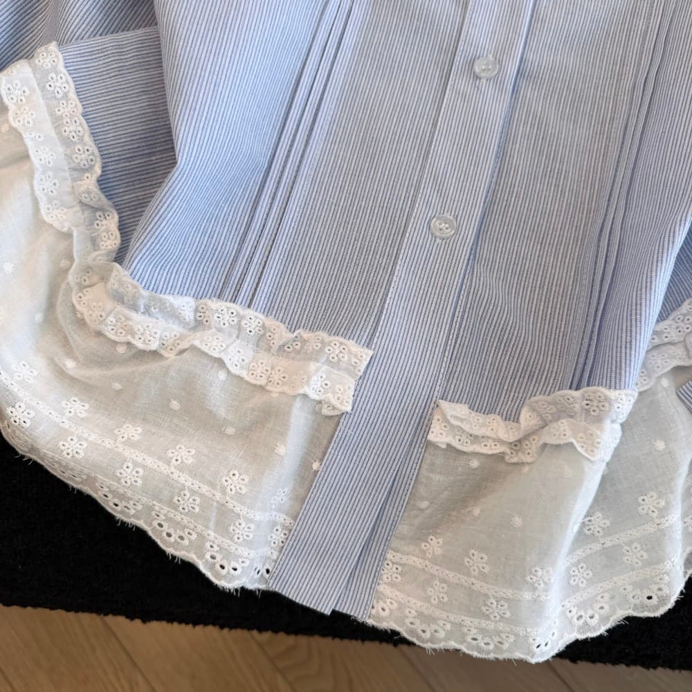 실사 한 부서 베이비 칼라 레이스 조각 화이트 여성 셔츠 봄 새로운 세로 줄무늬 슬림해 보이는 부드러운 바람 맨위 상세 이미지 20