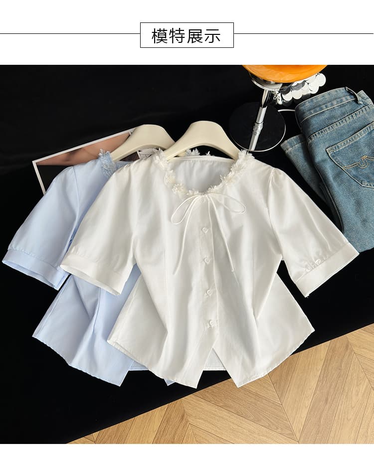 실사 레이스 레이스 레이스업 허리 수축 반팔 여성 셔츠 여름 새로운 부드러운 바람 품격 슬림해 보이는 오픈 가디건 맨위 상세 이미지 9
