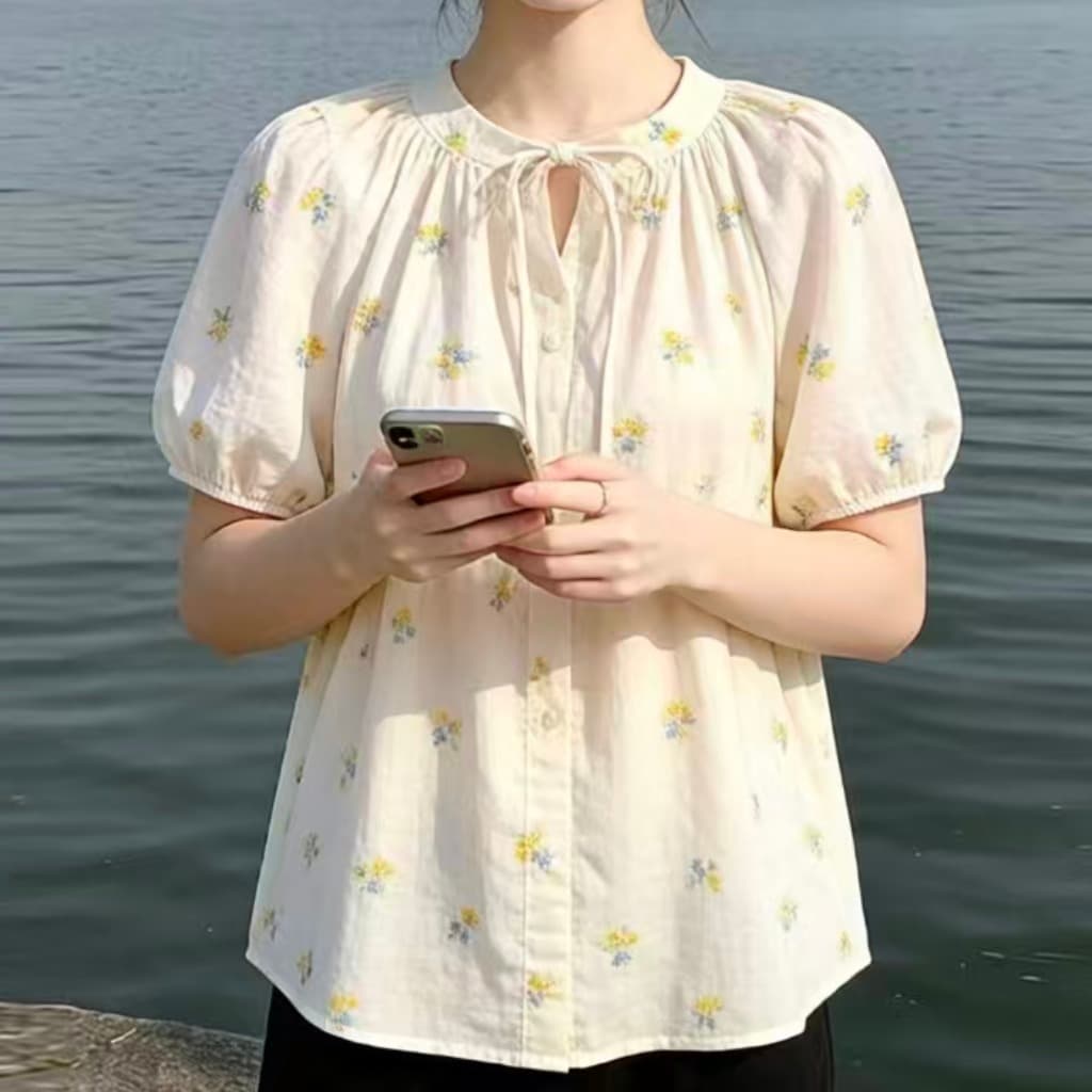 실사 부드러운 바람 황색 꽃무늬 반팔 여름 얇은 스타일 루즈핏 맨위 프랑스식 레이스업 인형 셔츠 이미지 3