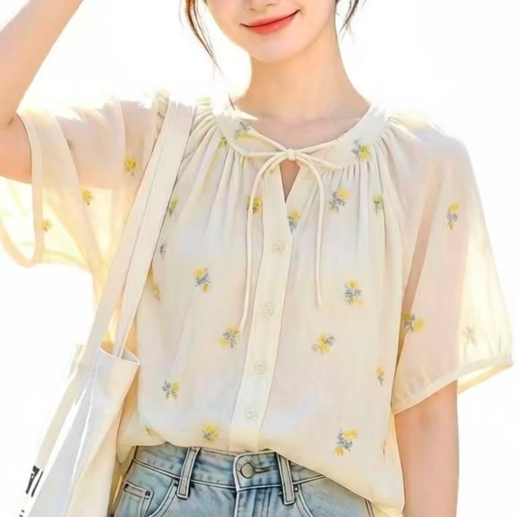 실사 부드러운 바람 황색 꽃무늬 반팔 여름 얇은 스타일 루즈핏 맨위 프랑스식 레이스업 인형 셔츠 이미지 5