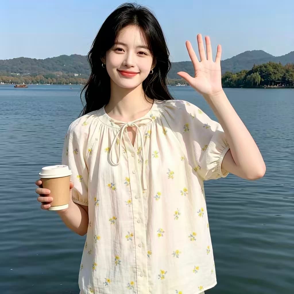 실사 부드러운 바람 황색 꽃무늬 반팔 여름 얇은 스타일 루즈핏 맨위 프랑스식 레이스업 인형 셔츠 상세 이미지 6