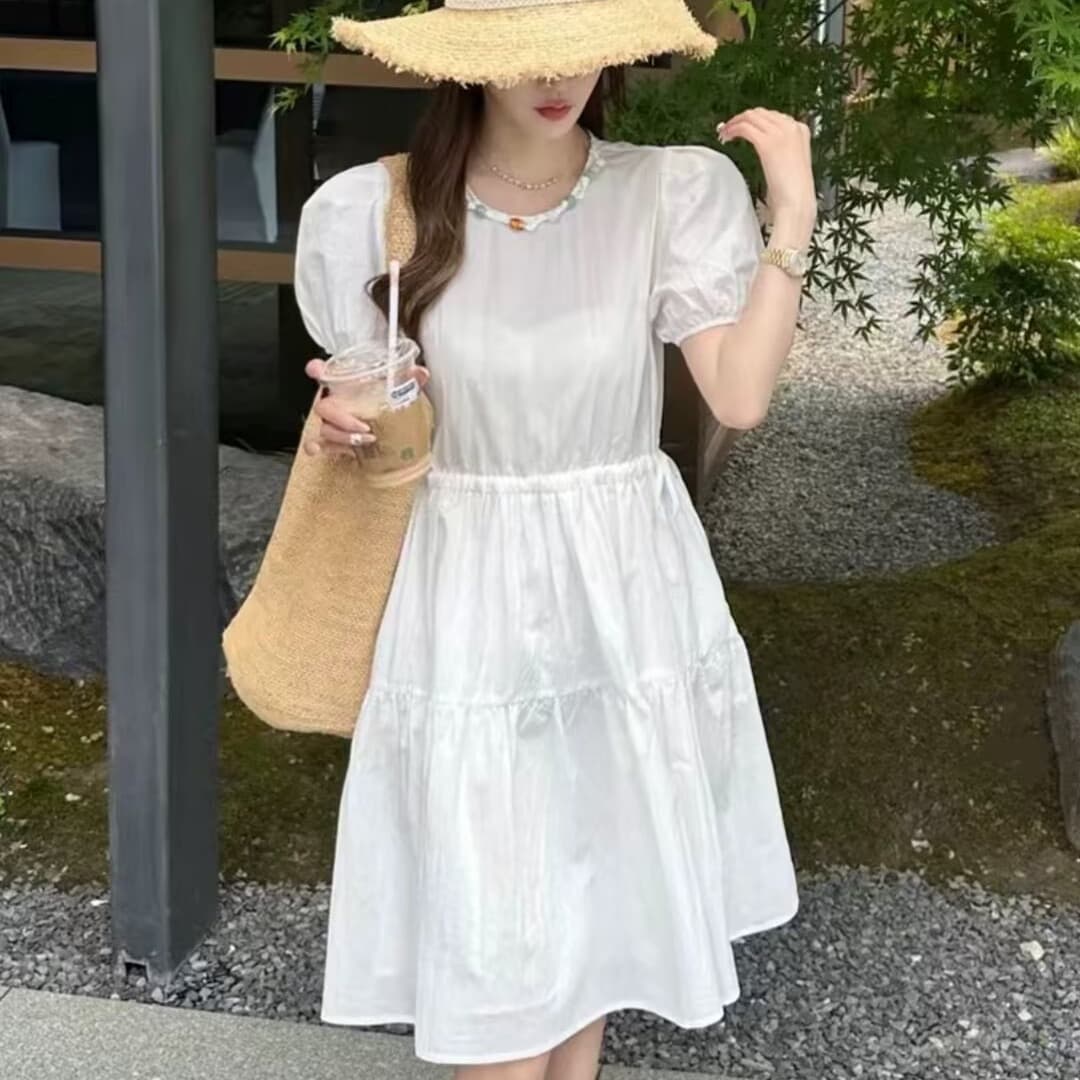 한국 스타일 라운드 넥 거품 소매 허리 수축 여성 드레스 2026 여름 새로운 루즈핏 슬림해 보이는 다용도 연령 감소 미니 스커트