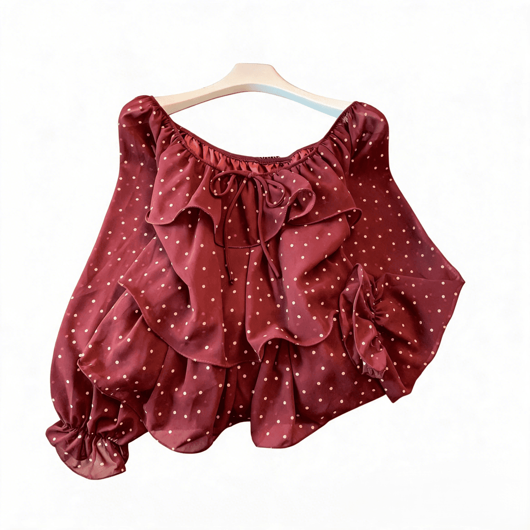 실사 프랑스식 펌프 Pleat 칼라 레이스업 도트 무늬 프릴 패치워크 벌룬 소매 긴팔 밴딩 커프스 루즈핏 맨위 섹션 이미지 4