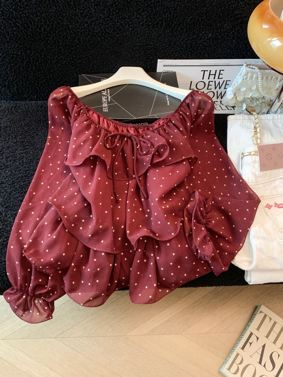실사 프랑스식 펌프 Pleat 칼라 레이스업 도트 무늬 프릴 패치워크 벌룬 소매 긴팔 밴딩 커프스 루즈핏 맨위 섹션 상세 이미지 2