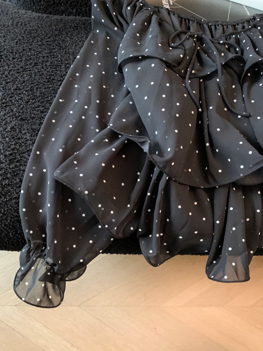 실사 프랑스식 펌프 Pleat 칼라 레이스업 도트 무늬 프릴 패치워크 벌룬 소매 긴팔 밴딩 커프스 루즈핏 맨위 섹션 상세 이미지 13