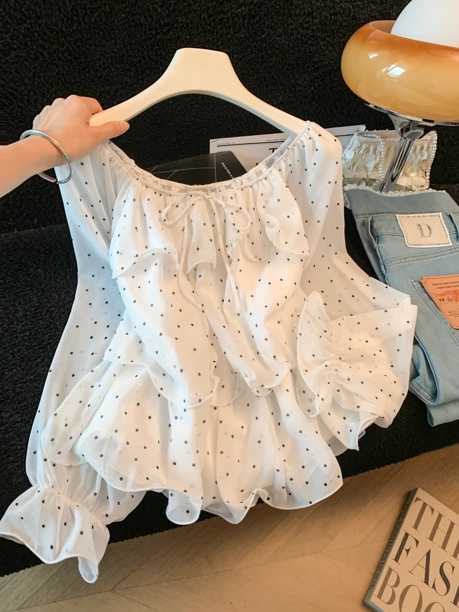 실사 프랑스식 펌프 Pleat 칼라 레이스업 도트 무늬 프릴 패치워크 벌룬 소매 긴팔 밴딩 커프스 루즈핏 맨위 섹션 상세 이미지 18