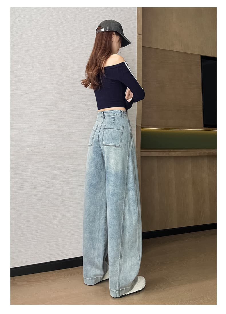 하늘색 데님 모통이 칼 바지 여성 2026 봄 여름 새로운 하이웨이스트 패치워크 키 큰 남자 모통이 칼 스트레이트 넓은 다리 길이 바지 상세 이미지 12