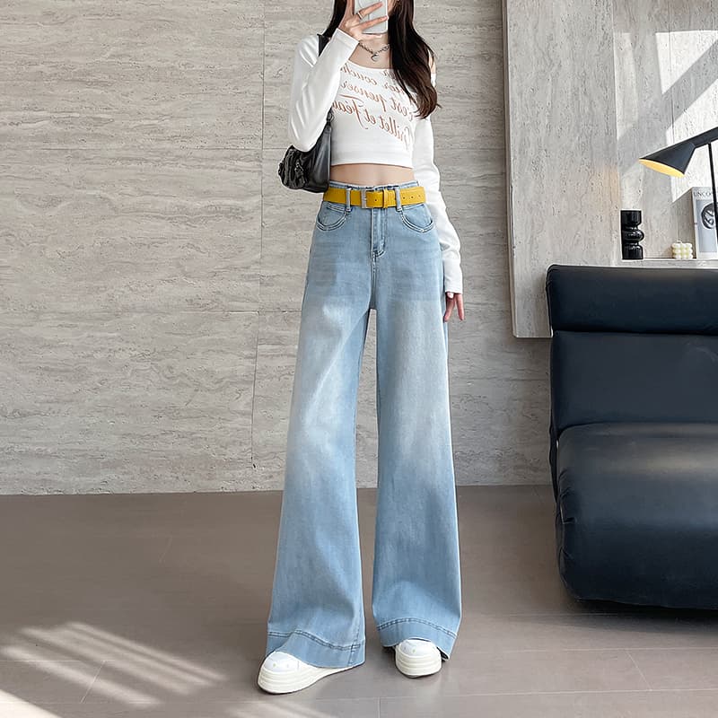 하늘색 대 나팔 청바지 여성 2025 가을 새로운 루즈핏 빅풋 바지 바닥 청소 아니요 막대기 다리 와이드 레그 팬츠 어린이 이미지 2