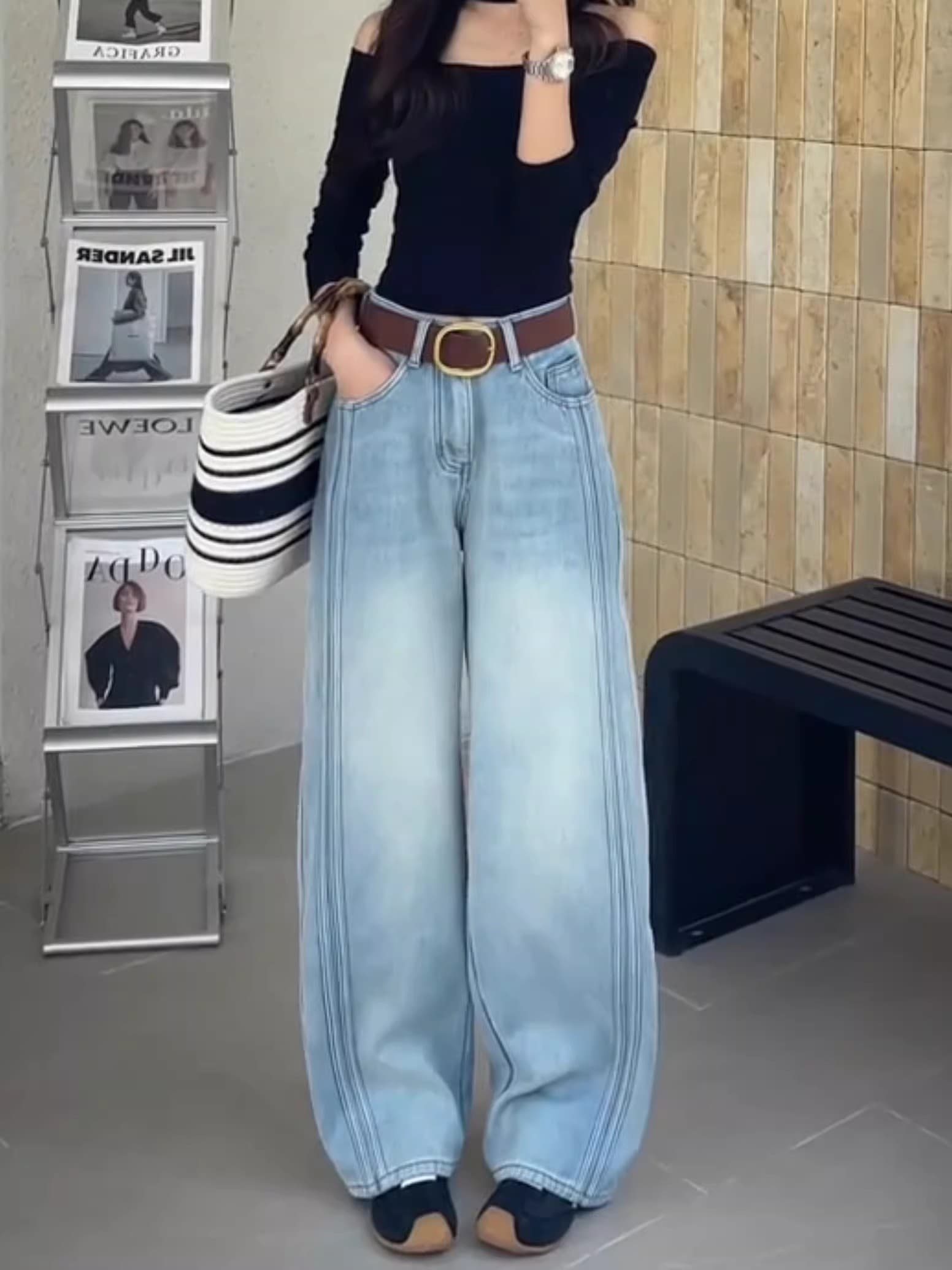 아메리칸 하늘색 넓은 다리 청바지 여성 2026 봄 하이웨이스트 루즈핏 패치워크 슬림해 보이는 작은 키 xxs 코드 모통이 칼 바지