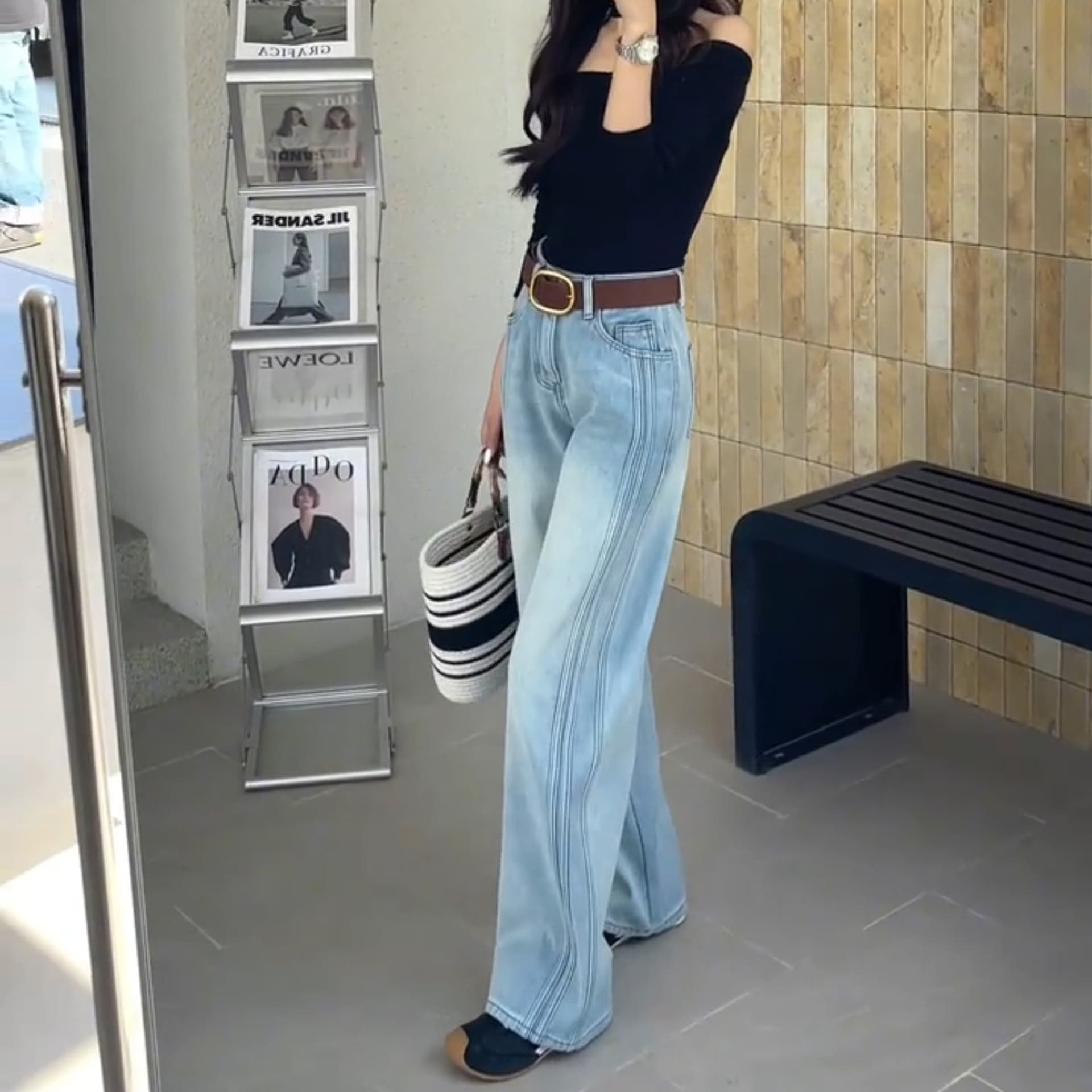 아메리칸 하늘색 넓은 다리 청바지 여성 2026 봄 하이웨이스트 루즈핏 패치워크 슬림해 보이는 작은 키 xxs 코드 모통이 칼 바지 상세 이미지 9