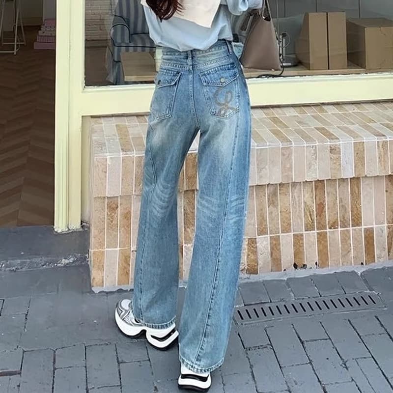 기타 안녕하세요. 암소 봄 좁은 에디션 넓은 다리 청바지 여성 하이웨이스트 루즈핏 패치워크 자수 작은 키 xxs 코드 스트레이트 팬츠