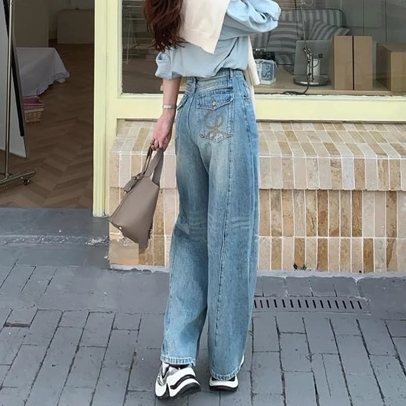 기타 안녕하세요. 암소 봄 좁은 에디션 넓은 다리 청바지 여성 하이웨이스트 루즈핏 패치워크 자수 작은 키 xxs 코드 스트레이트 팬츠 이미지 2