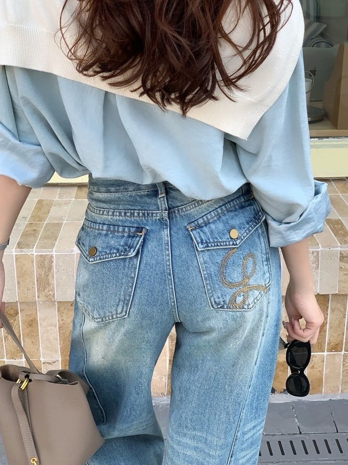 기타 안녕하세요. 암소 봄 좁은 에디션 넓은 다리 청바지 여성 하이웨이스트 루즈핏 패치워크 자수 작은 키 xxs 코드 스트레이트 팬츠 상세 이미지 5