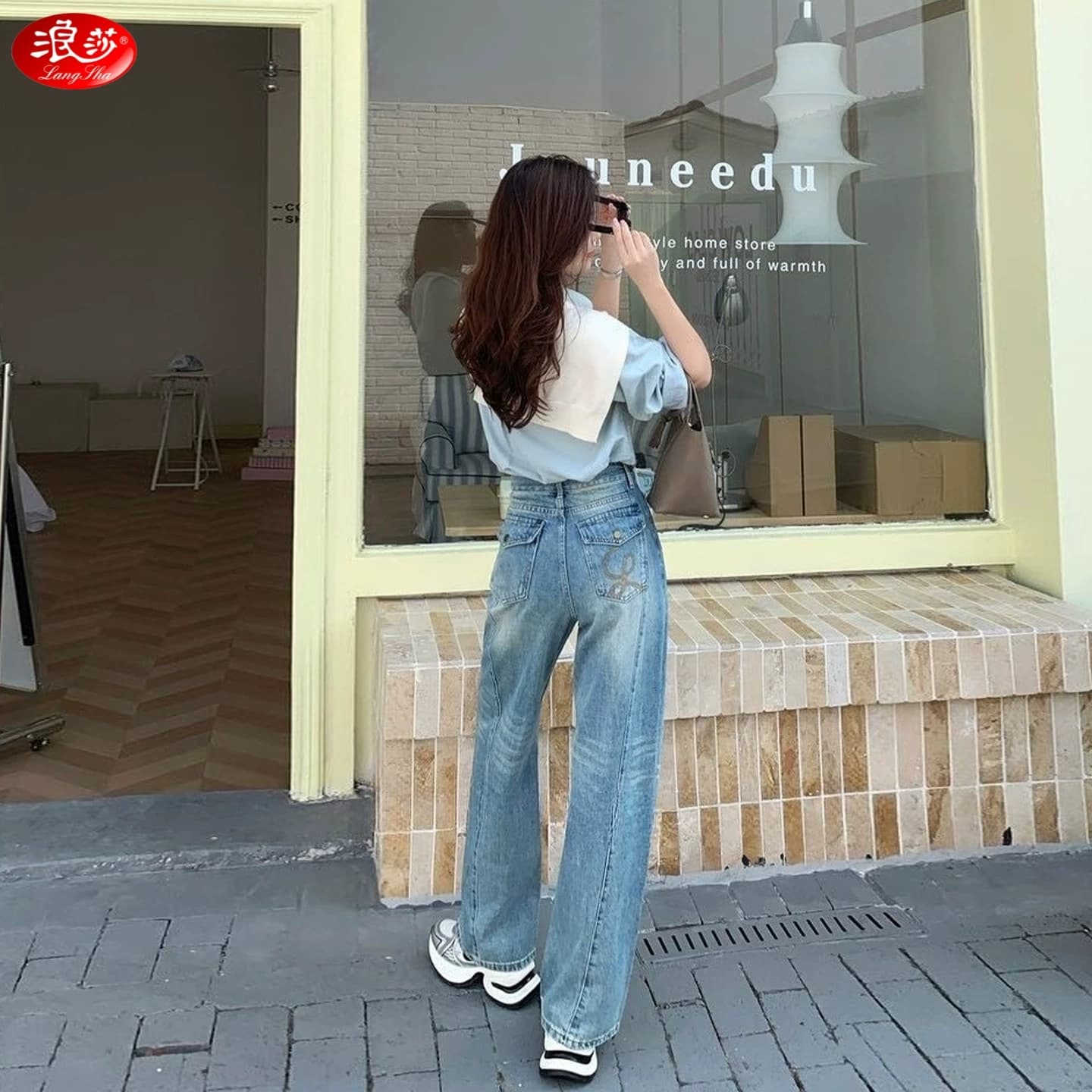 기타 안녕하세요. 암소 봄 좁은 에디션 넓은 다리 청바지 여성 하이웨이스트 루즈핏 패치워크 자수 작은 키 xxs 코드 스트레이트 팬츠 상세 이미지 6