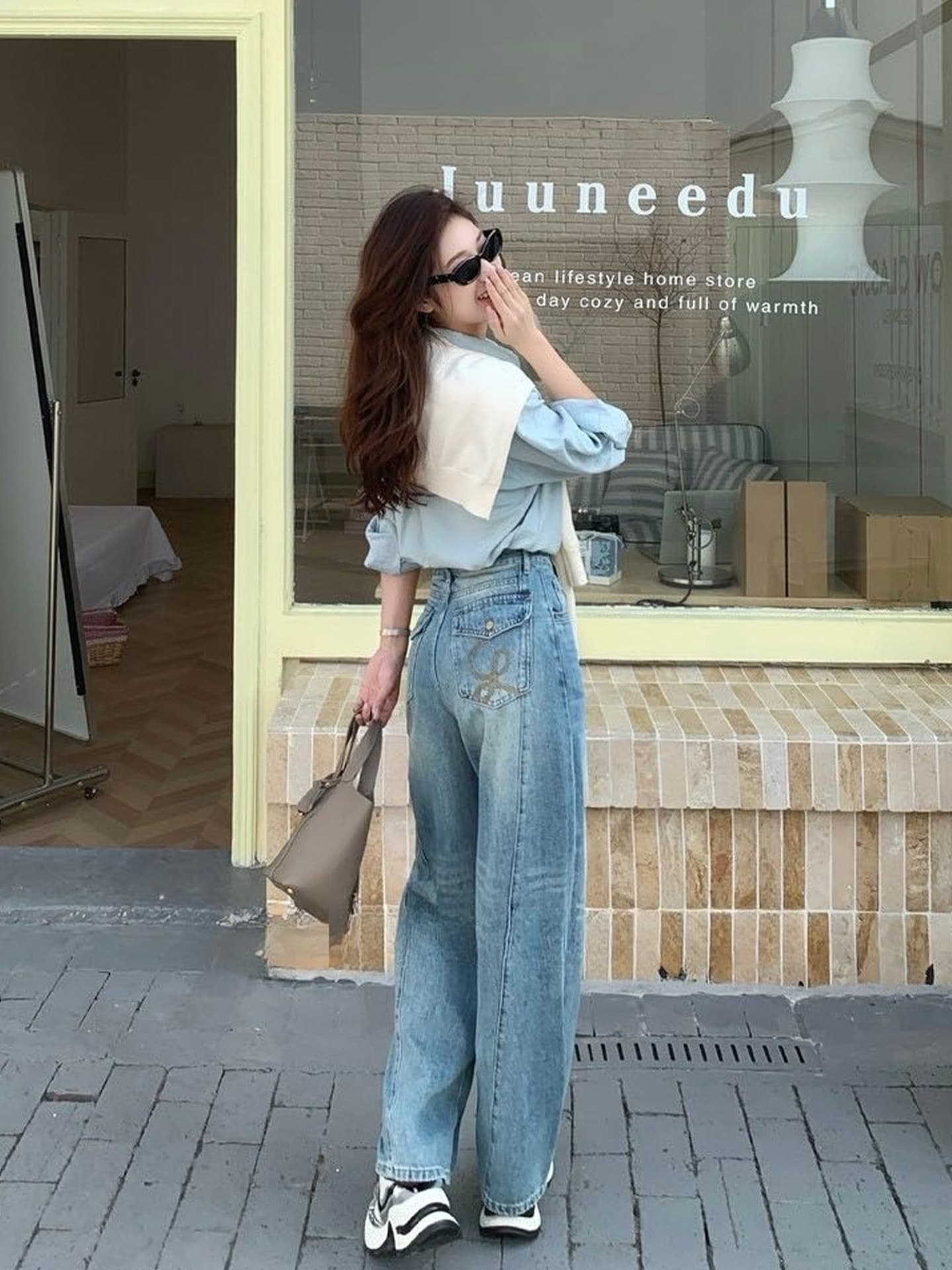 기타 안녕하세요. 암소 봄 좁은 에디션 넓은 다리 청바지 여성 하이웨이스트 루즈핏 패치워크 자수 작은 키 xxs 코드 스트레이트 팬츠 상세 이미지 9