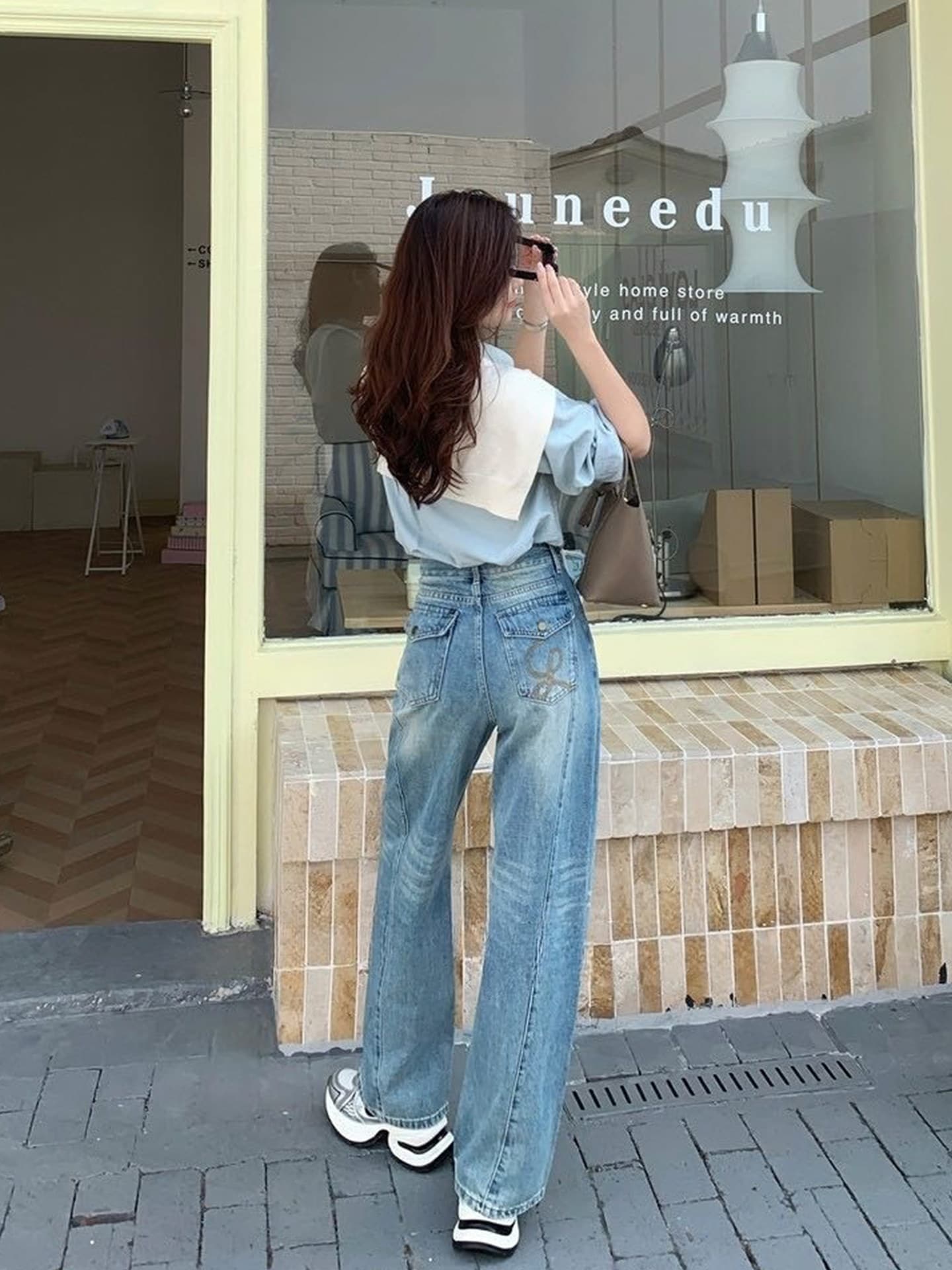 기타 안녕하세요. 암소 봄 좁은 에디션 넓은 다리 청바지 여성 하이웨이스트 루즈핏 패치워크 자수 작은 키 xxs 코드 스트레이트 팬츠 상세 이미지 11