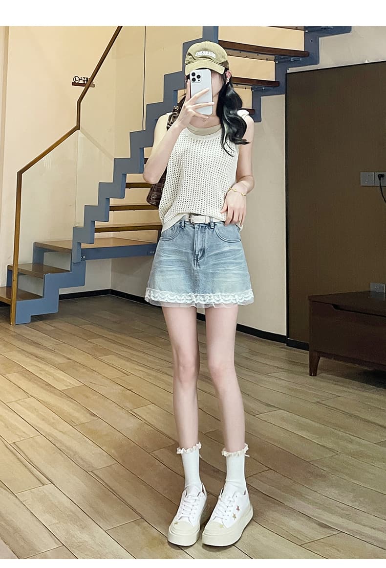 레이스 데님 짧은 바지 여성 여름 2026 새로운 한 마디 노출 방지 슬림해 보이는 레트로 디자인 센스 반신 미니 스커트 상세 이미지 13