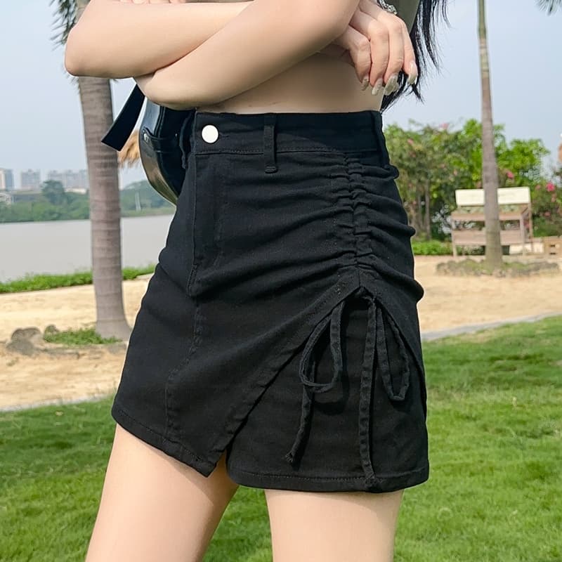 핑크색 데님 미니 스커트 여성 여름 얇은 스타일 불규칙 반신 스커트 2026 펌프 로프 슈퍼 a 달콤한 매운맛 치마바지 바지 치마 이미지 4