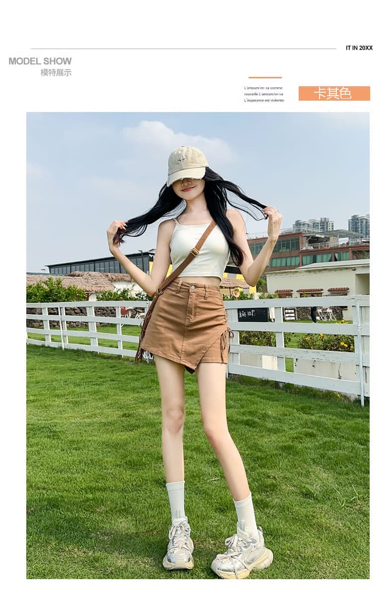 핑크색 데님 미니 스커트 여성 여름 얇은 스타일 불규칙 반신 스커트 2026 펌프 로프 슈퍼 a 달콤한 매운맛 치마바지 바지 치마 상세 이미지 11