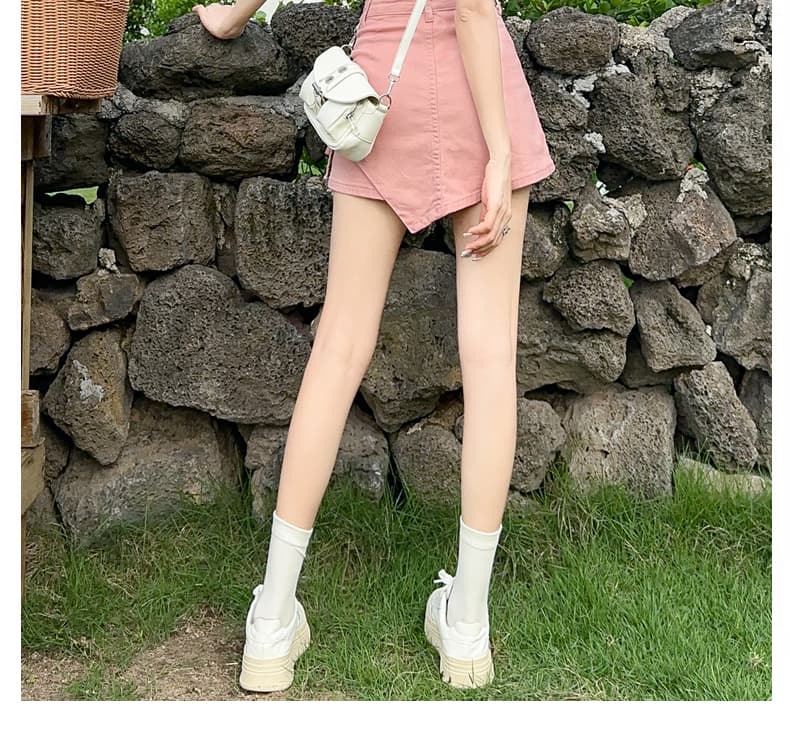 핑크색 데님 미니 스커트 여성 여름 얇은 스타일 불규칙 반신 스커트 2026 펌프 로프 슈퍼 a 달콤한 매운맛 치마바지 바지 치마 상세 이미지 18