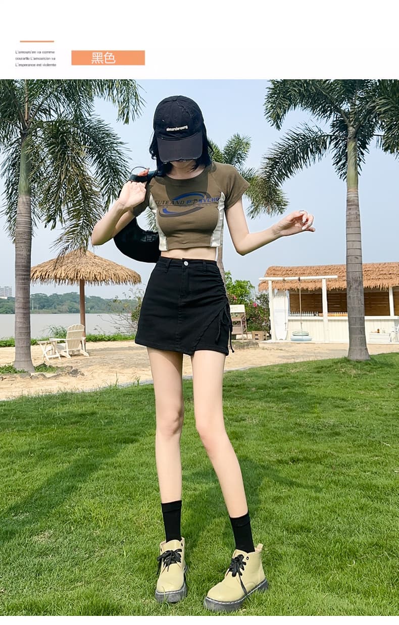 핑크색 데님 미니 스커트 여성 여름 얇은 스타일 불규칙 반신 스커트 2026 펌프 로프 슈퍼 a 달콤한 매운맛 치마바지 바지 치마 상세 이미지 19