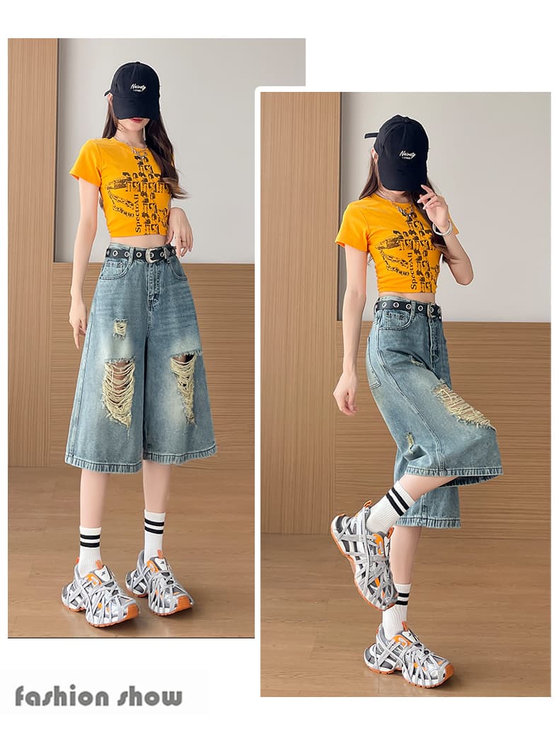 아메리칸 레트로 찢어진 부분 데님 7부 바지 여성 2026 여름 새로운 루즈핏 마 오래된 다용도 거리 바람 와이드 레그 팬츠 상세 이미지 17