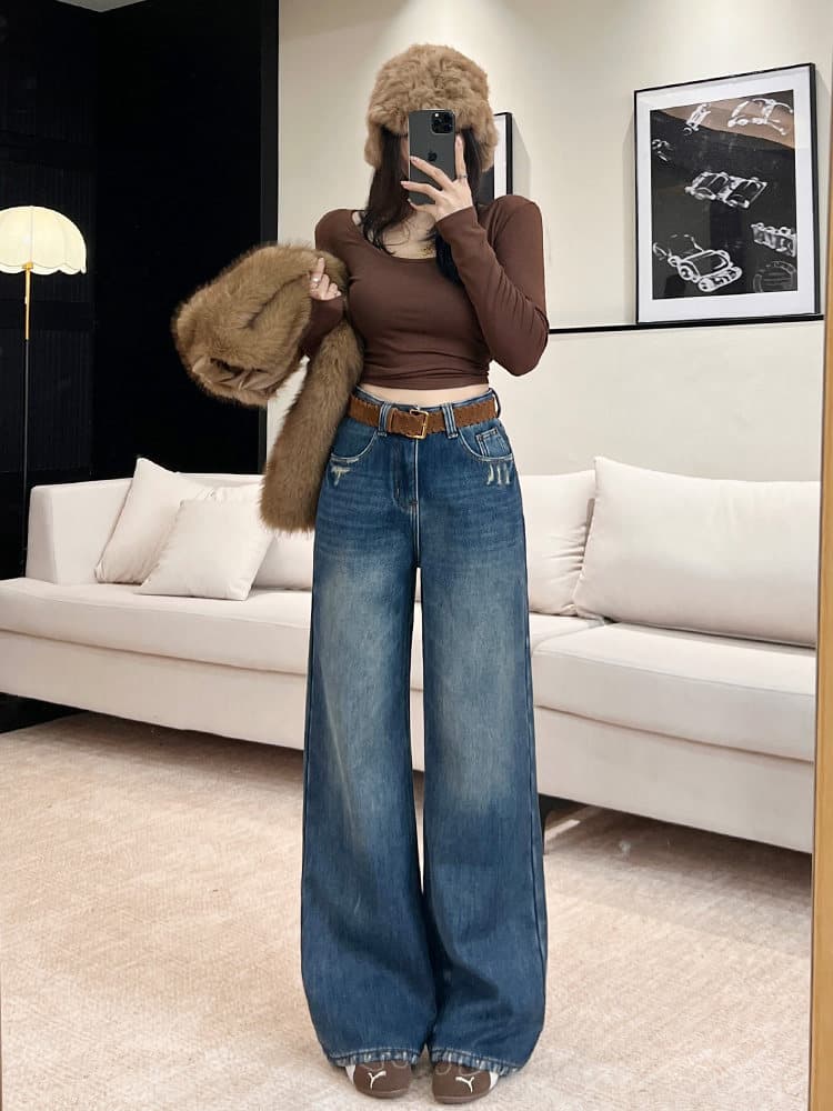 아메리칸 레트로 찢어진 디자인 넓은 다리 청바지 여성 봄 가을 새로운 하이웨이스트 루즈핏 스트레이트 작은 키 긴 바지 상세 이미지 5