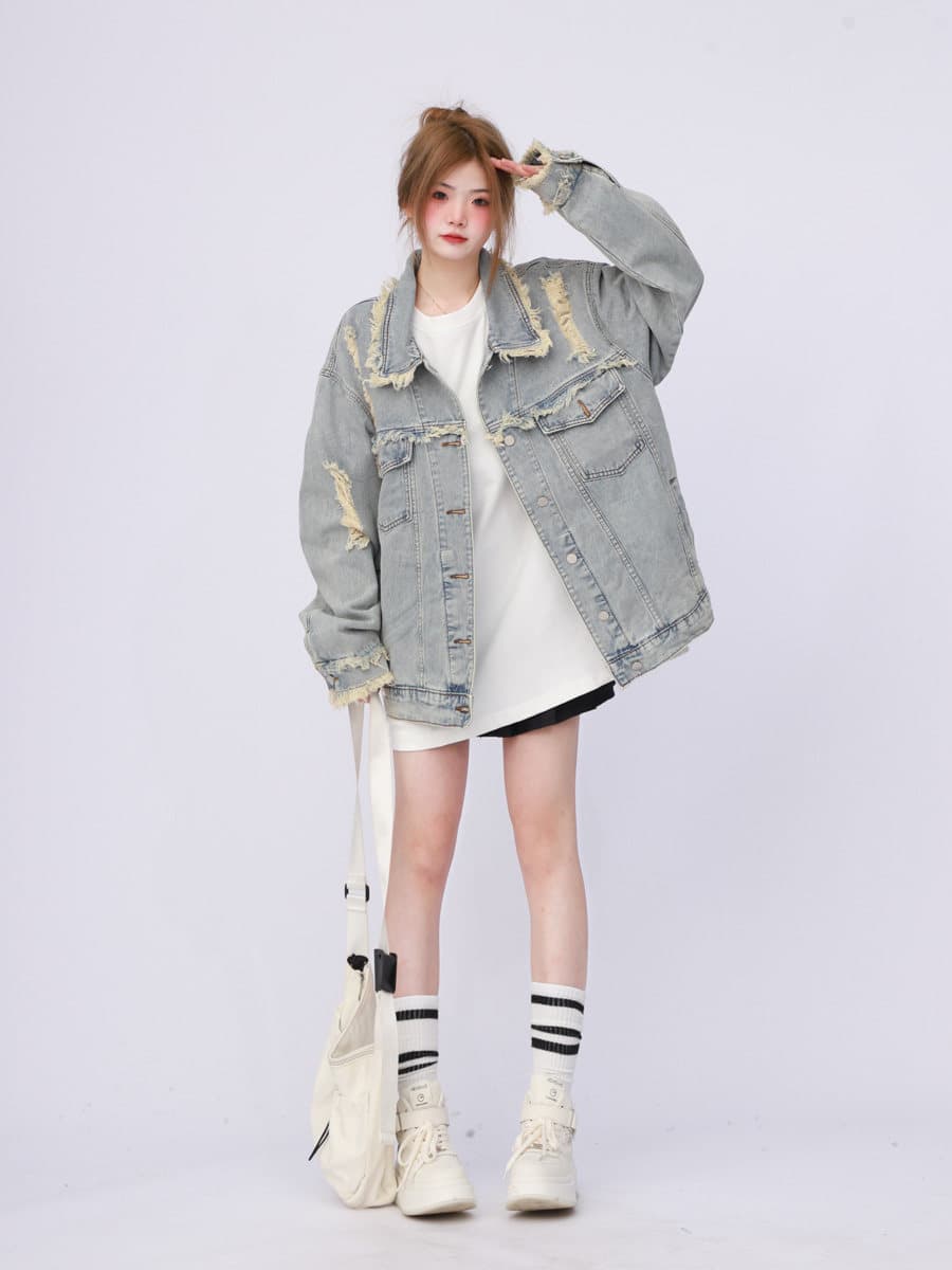 2026 년 새로운 아메리칸 높음 거리 oversize 워크웨어 워싱 마 오래된 찢어진 부분 데님 여성 코트 봄 가을 재킷