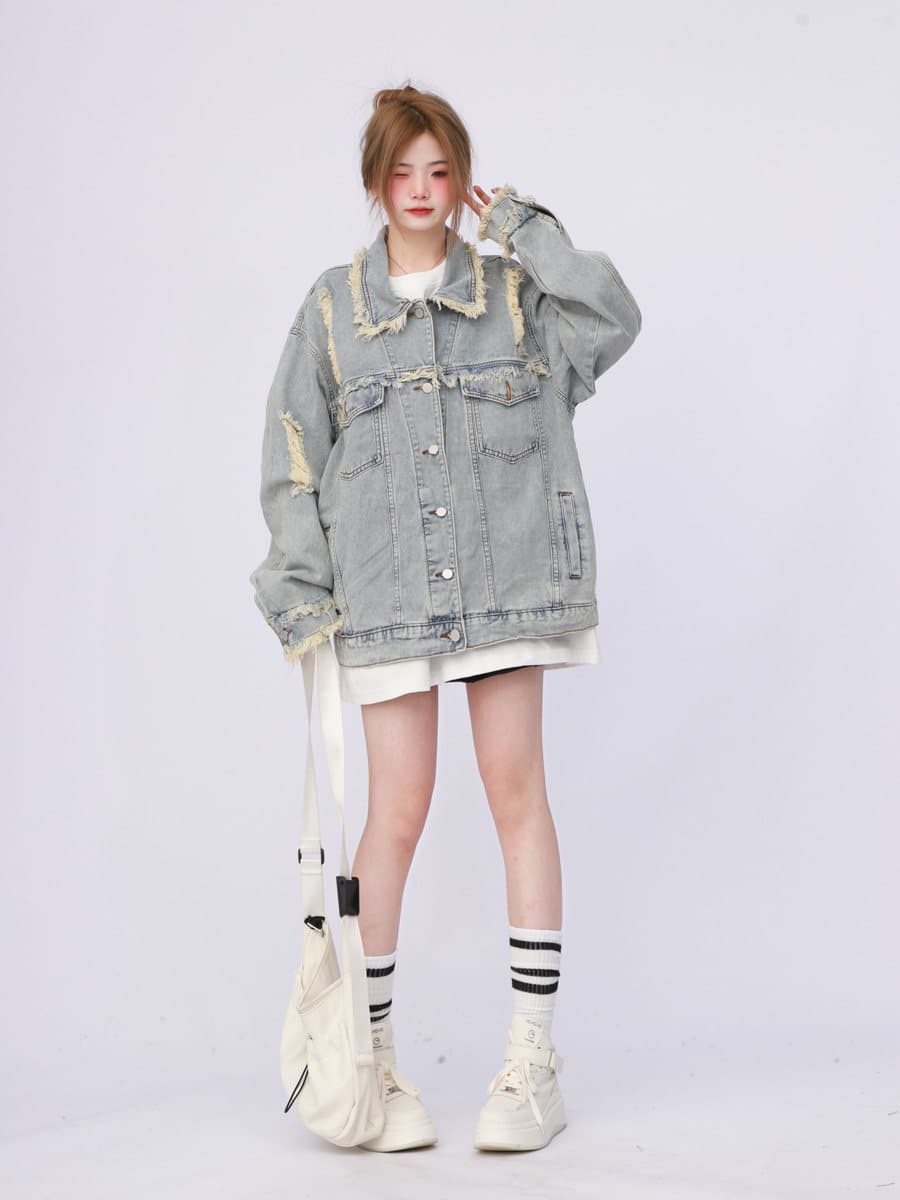 2026 년 새로운 아메리칸 높음 거리 oversize 워크웨어 워싱 마 오래된 찢어진 부분 데님 여성 코트 봄 가을 재킷 이미지 4