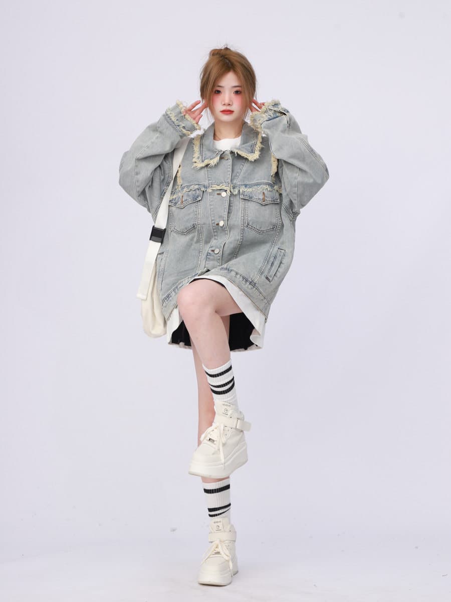 2026 년 새로운 아메리칸 높음 거리 oversize 워크웨어 워싱 마 오래된 찢어진 부분 데님 여성 코트 봄 가을 재킷 이미지 2