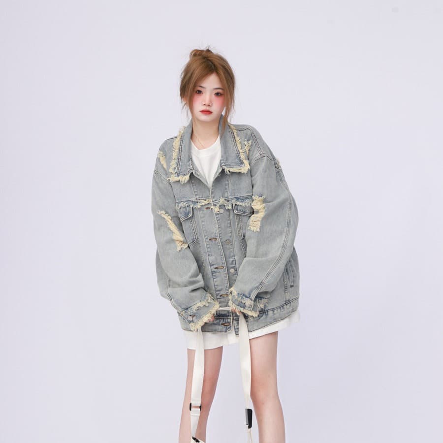 2026 년 새로운 아메리칸 높음 거리 oversize 워크웨어 워싱 마 오래된 찢어진 부분 데님 여성 코트 봄 가을 재킷 이미지 5