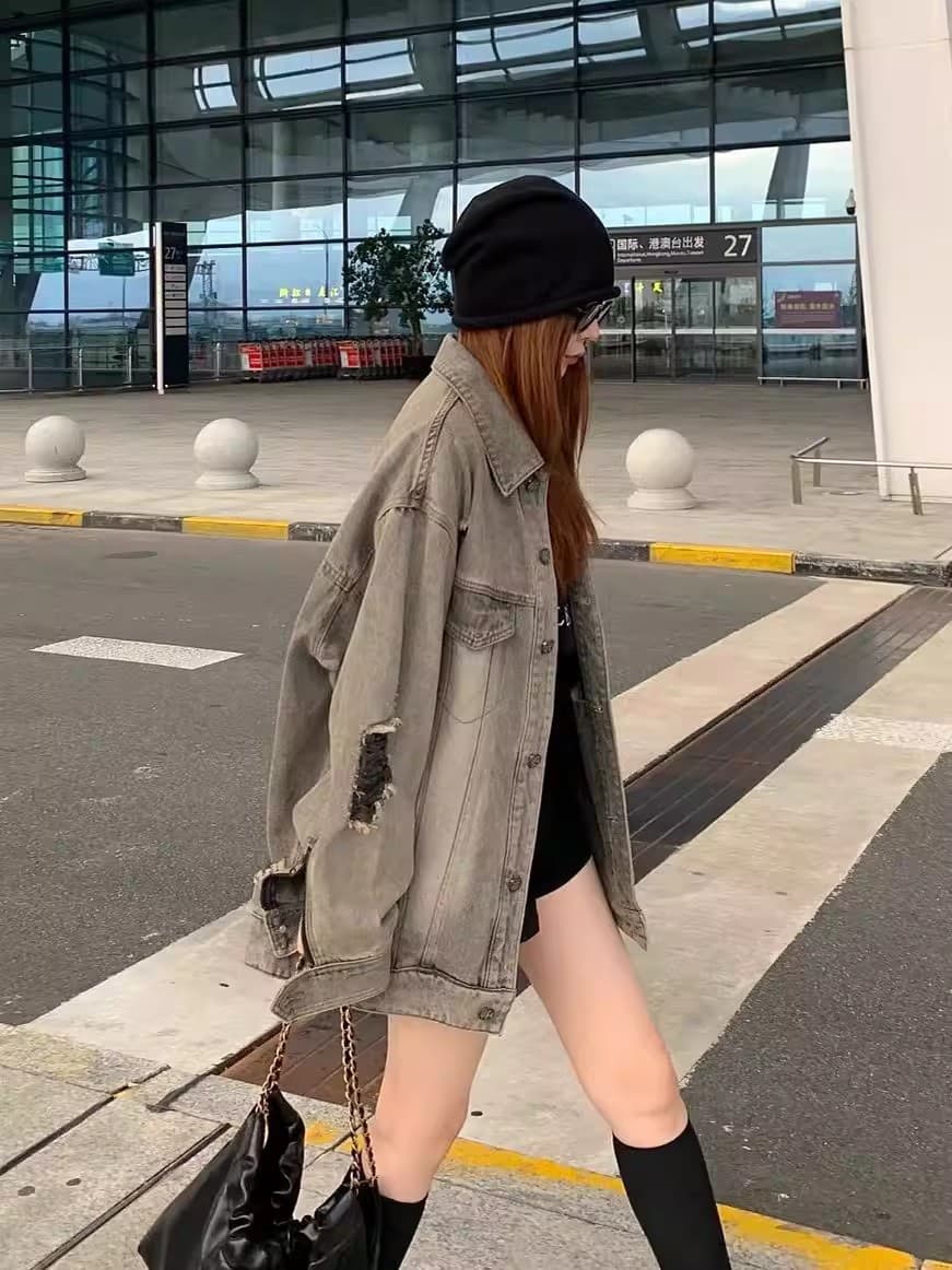 아메리칸 레트로 디자인 센스 작은 대중 찢어진 부분 데님 여성 코트 봄 가을 루즈핏 BF 바람 높음 거리 조수 브랜드 재킷 맨위 이미지 3