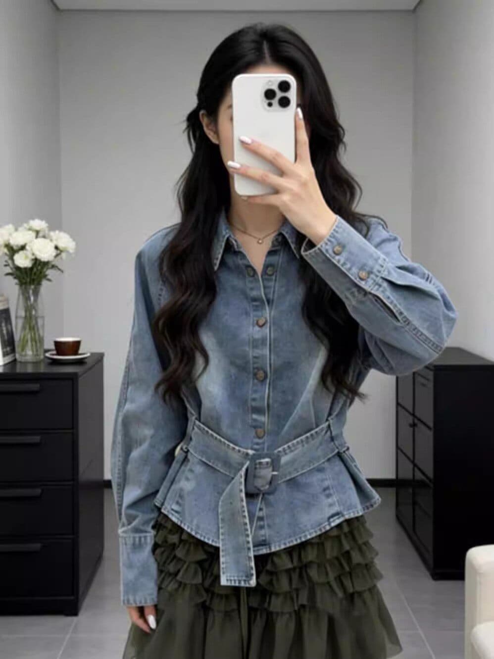 2026 이른 봄 새로운 레트로 스트랩 허리 수축 폴로 칼라 데님 셔츠 이미지 2