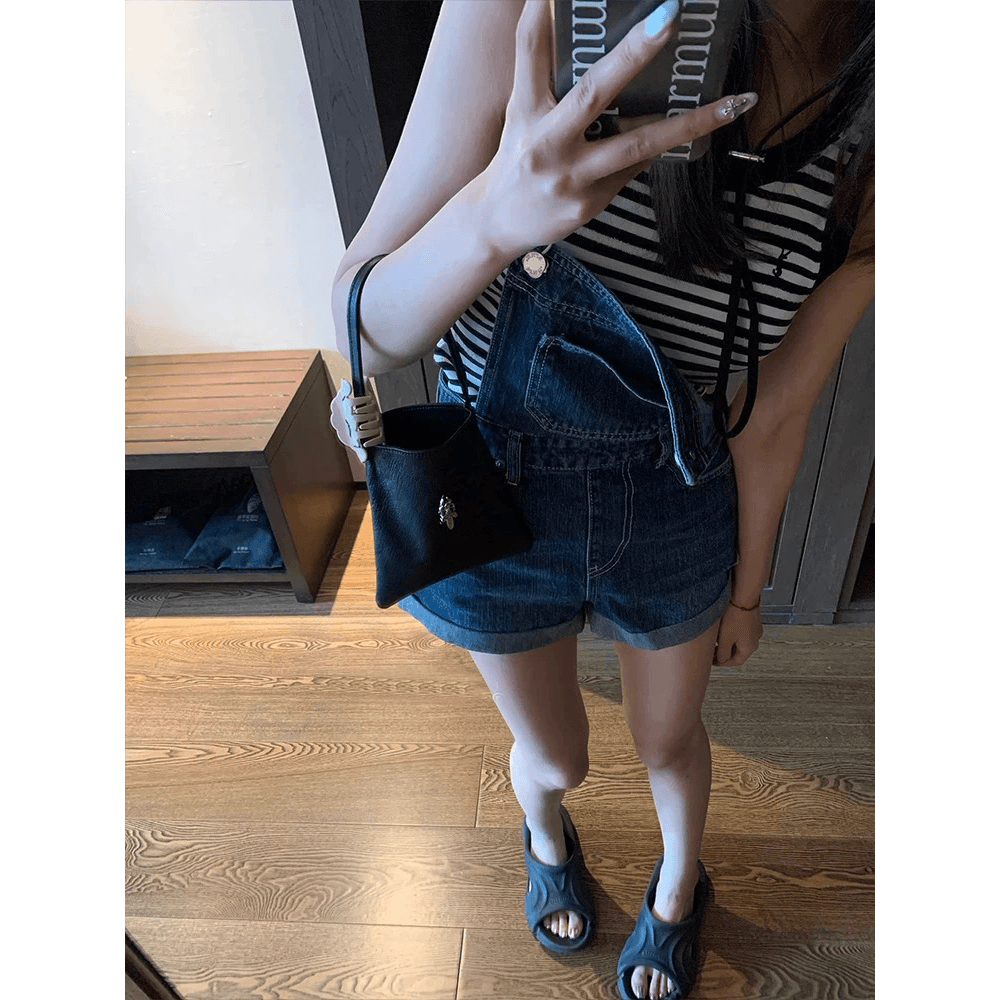 데님 멜빵 바지 여성 여름 새로운 한 부서 디자인 센스 슬림해 보이는 디스플레이 다리 길이 품격 하이웨이스트 반바지 작은 키 다용도 이미지 5