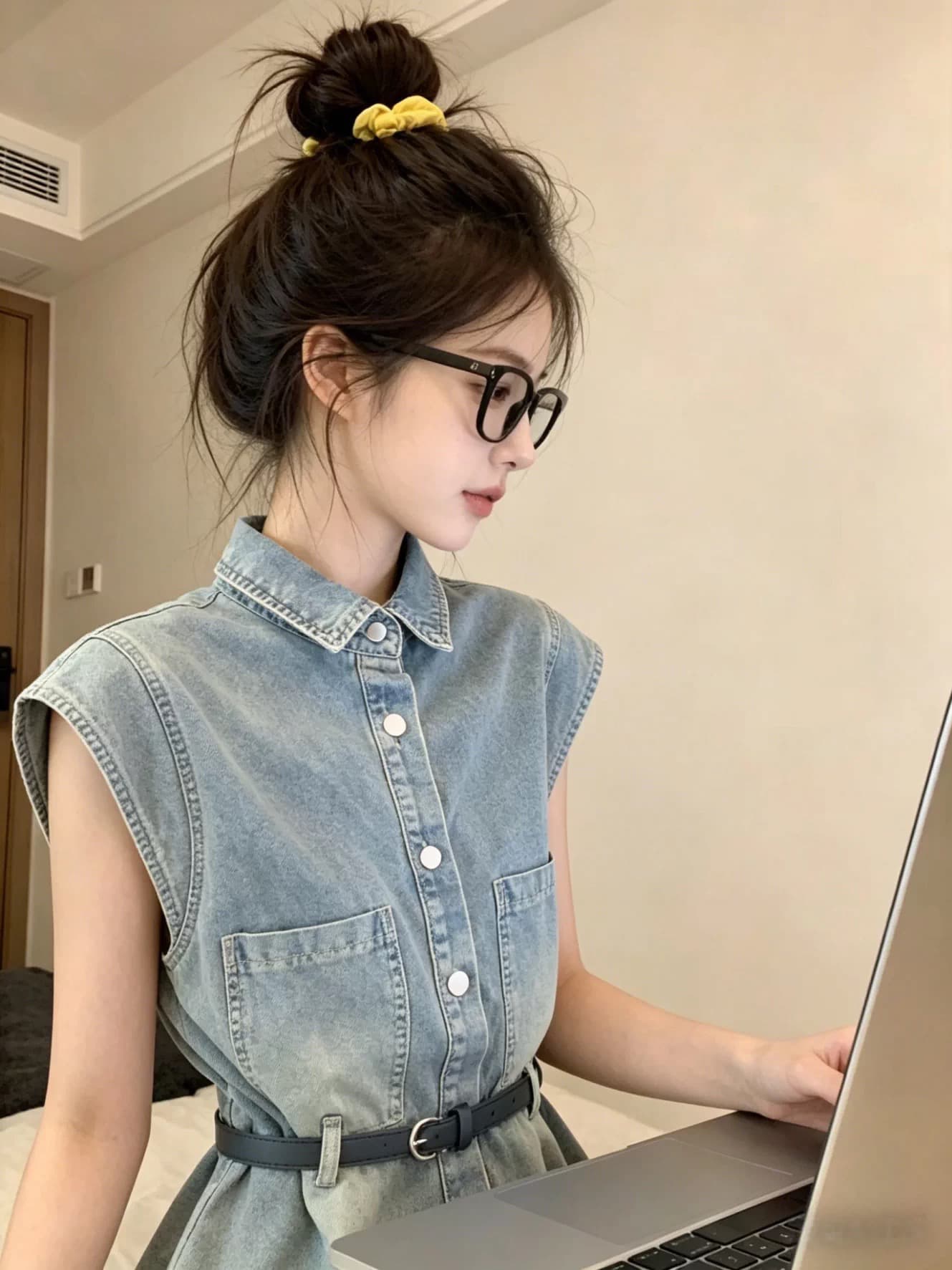 아메리칸 품격 파란색 데님 여성 셔츠 민소매 허리 수축 슬림해 보이는 작은 키 고급 디자인 센스 다용도 맨위 여성 이미지 3