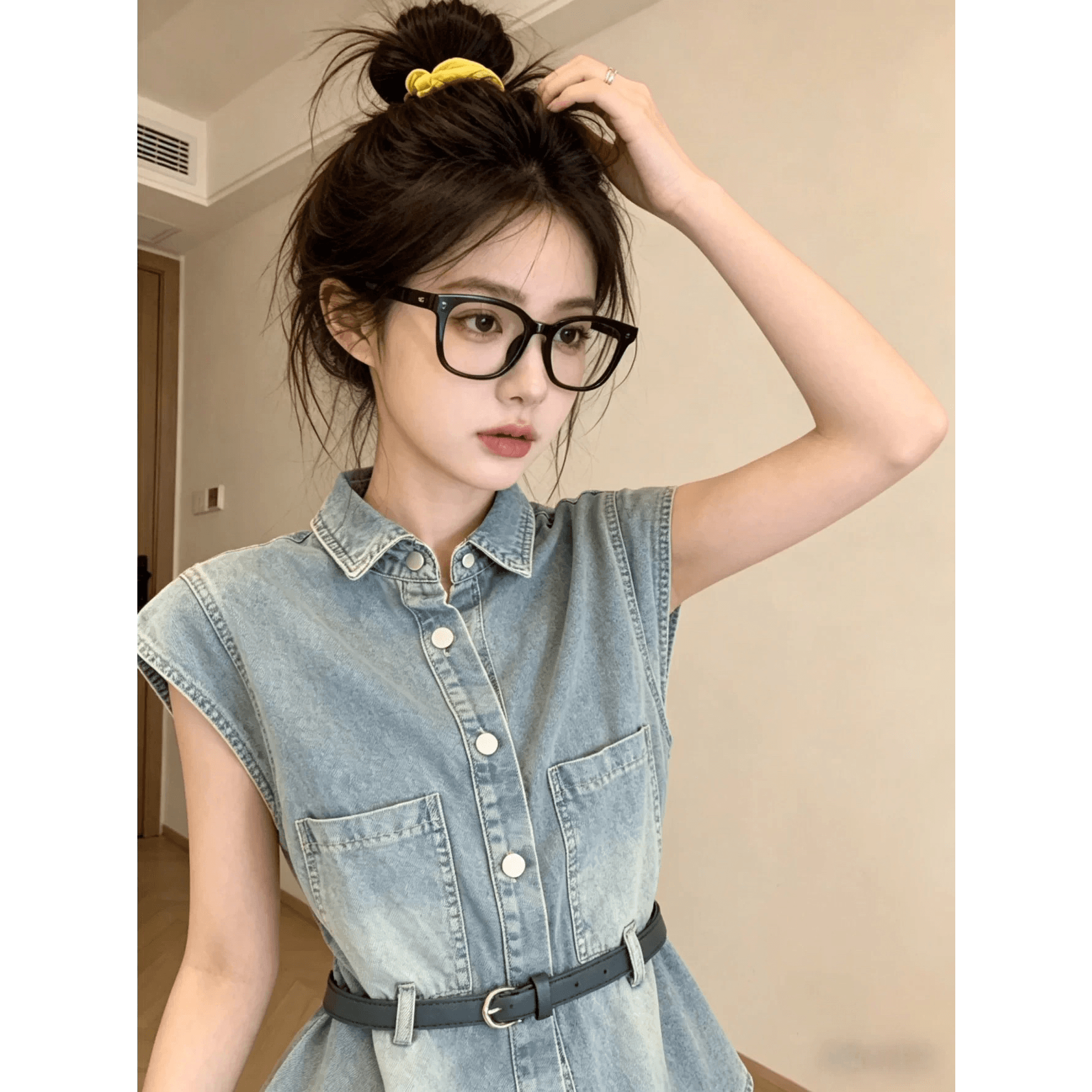 아메리칸 품격 파란색 데님 여성 셔츠 민소매 허리 수축 슬림해 보이는 작은 키 고급 디자인 센스 다용도 맨위 여성 이미지 5