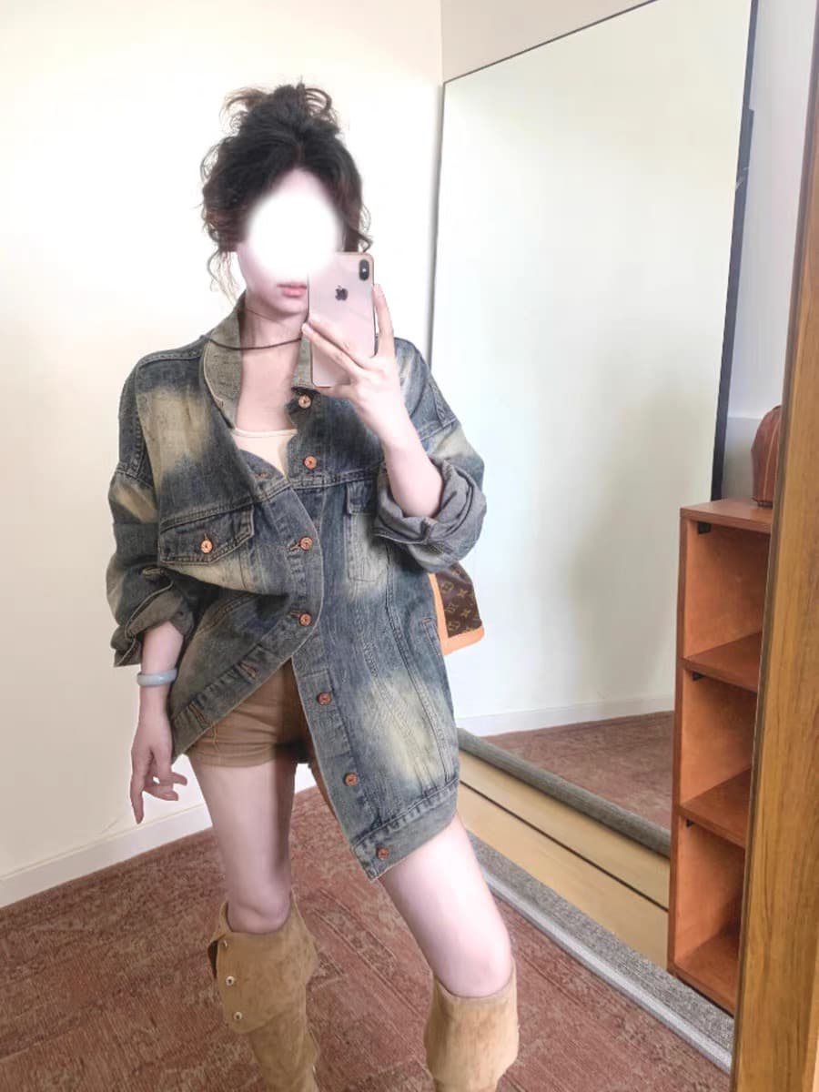 아메리칸 레트로 워싱 마 오래된 데님 여성 코트 봄 새로운 디자인 센스 작은 대중 허리 수축 슬림해 보이는 루즈핏 재킷 이미지 4