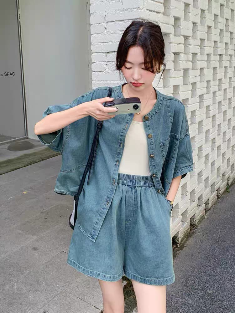 소금 부서 달콤한 차가운 튀김 거리 작은 대중 반바지 세트 여성 여름 데님 투피스 세트 작은 키 인터넷 유명인 세련된 마이크로 지방 슬림해 보이는 이미지 2