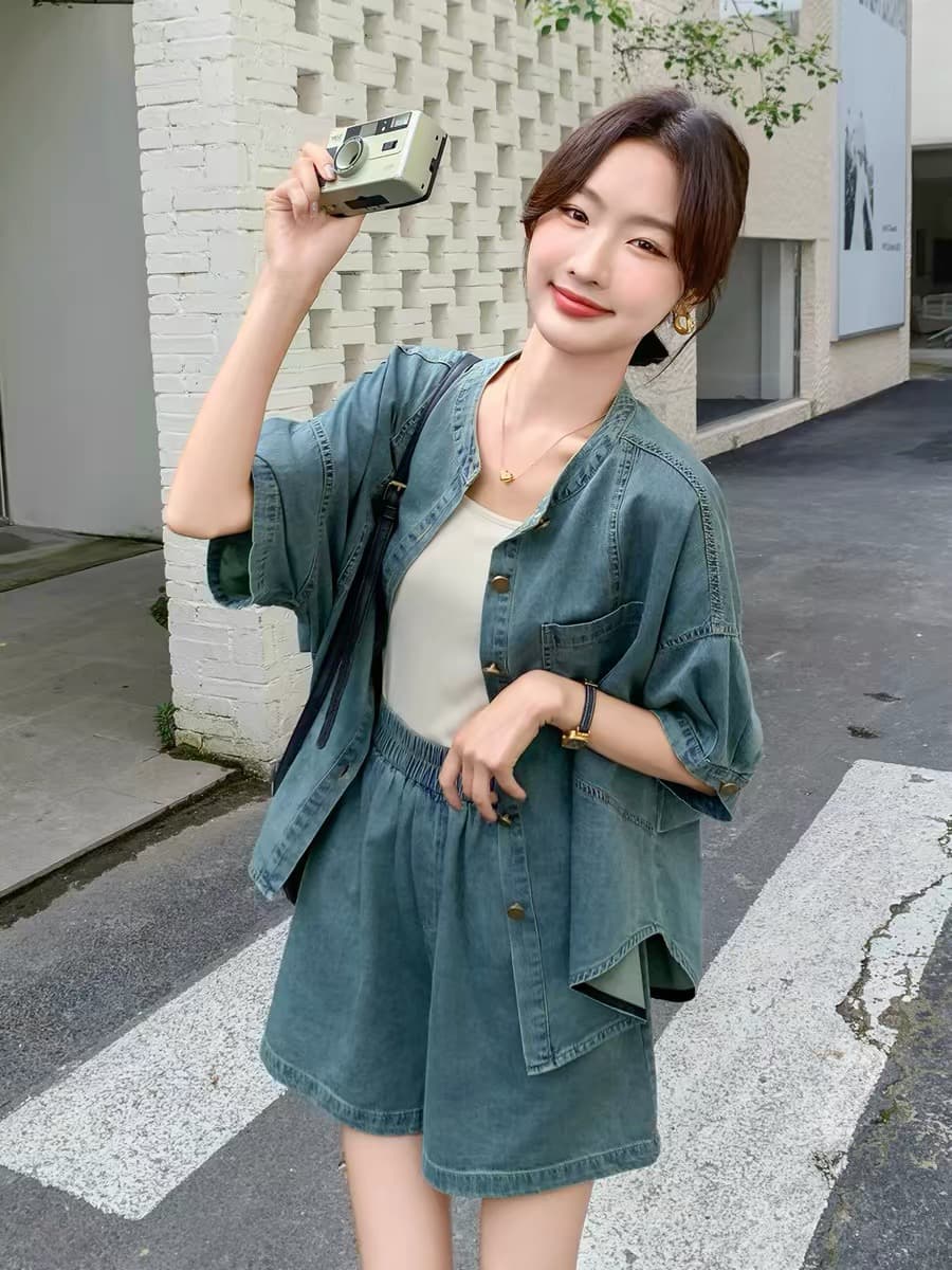 소금 부서 달콤한 차가운 튀김 거리 작은 대중 반바지 세트 여성 여름 데님 투피스 세트 작은 키 인터넷 유명인 세련된 마이크로 지방 슬림해 보이는 이미지 3
