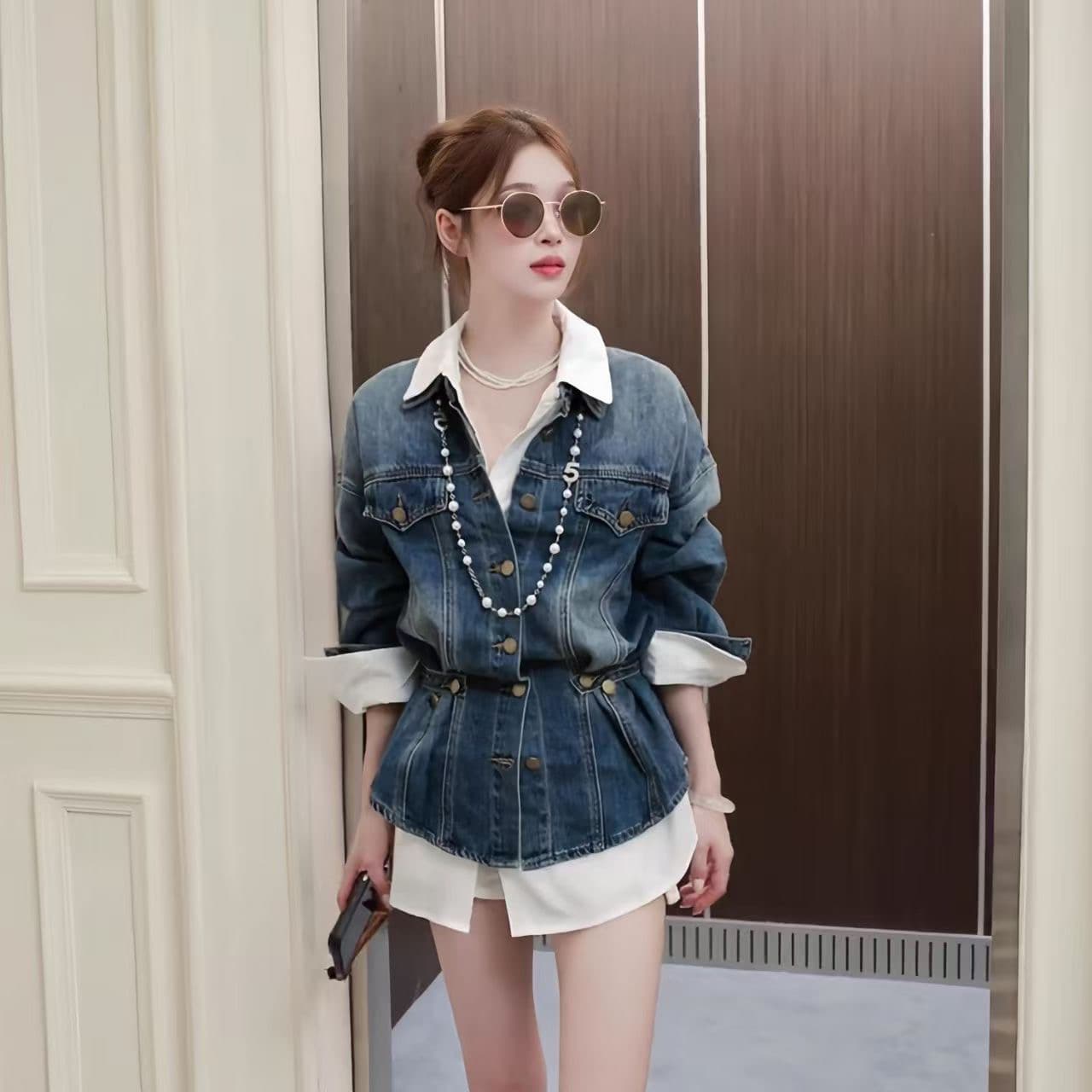 항구 바람 레트로 디자인 센스 외국 가스 연령 감소 허리 수축 데님 여성 셔츠 가을 패션 품격 긴팔 맨위 재킷