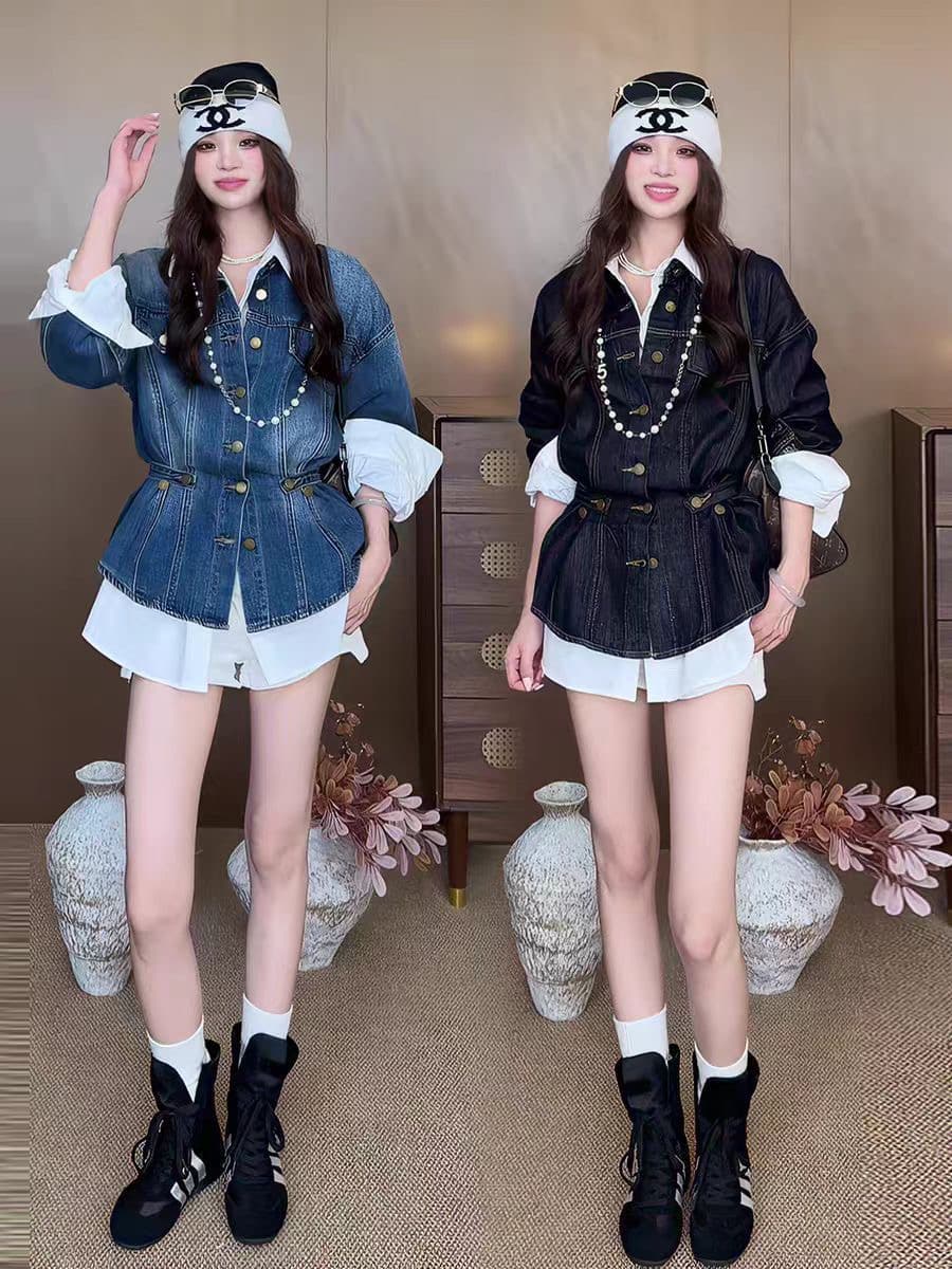 항구 바람 레트로 디자인 센스 외국 가스 연령 감소 허리 수축 데님 여성 셔츠 가을 패션 품격 긴팔 맨위 재킷 이미지 3