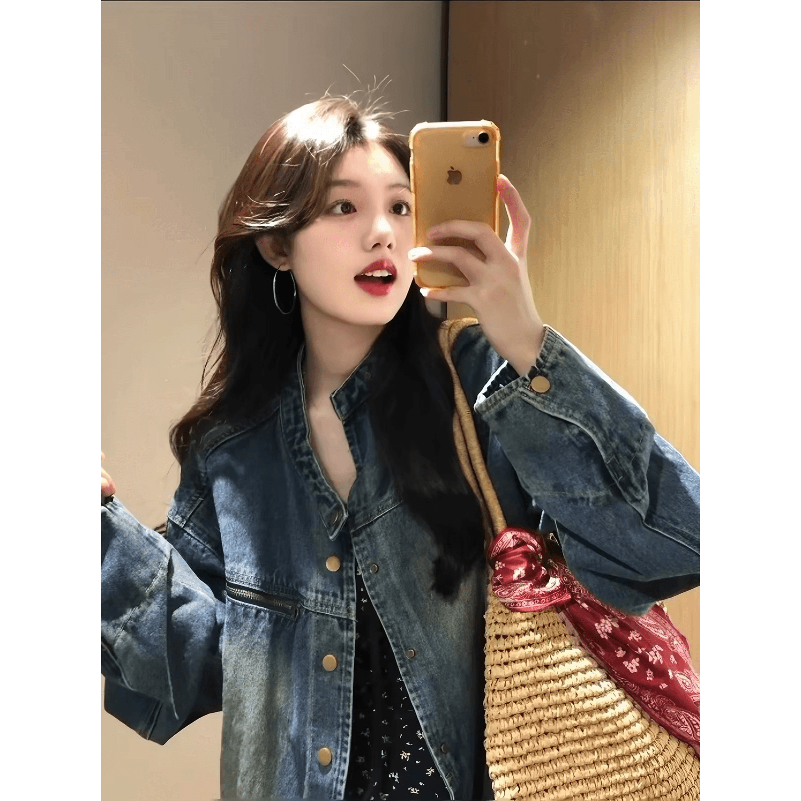 가을 새로운 파란색 쇼트 스타일 데님 여성 코트 작은 키 한 부서 레트로 루즈핏 스탠드 칼라 재킷 카우보이 의류 트렌디 이미지 5