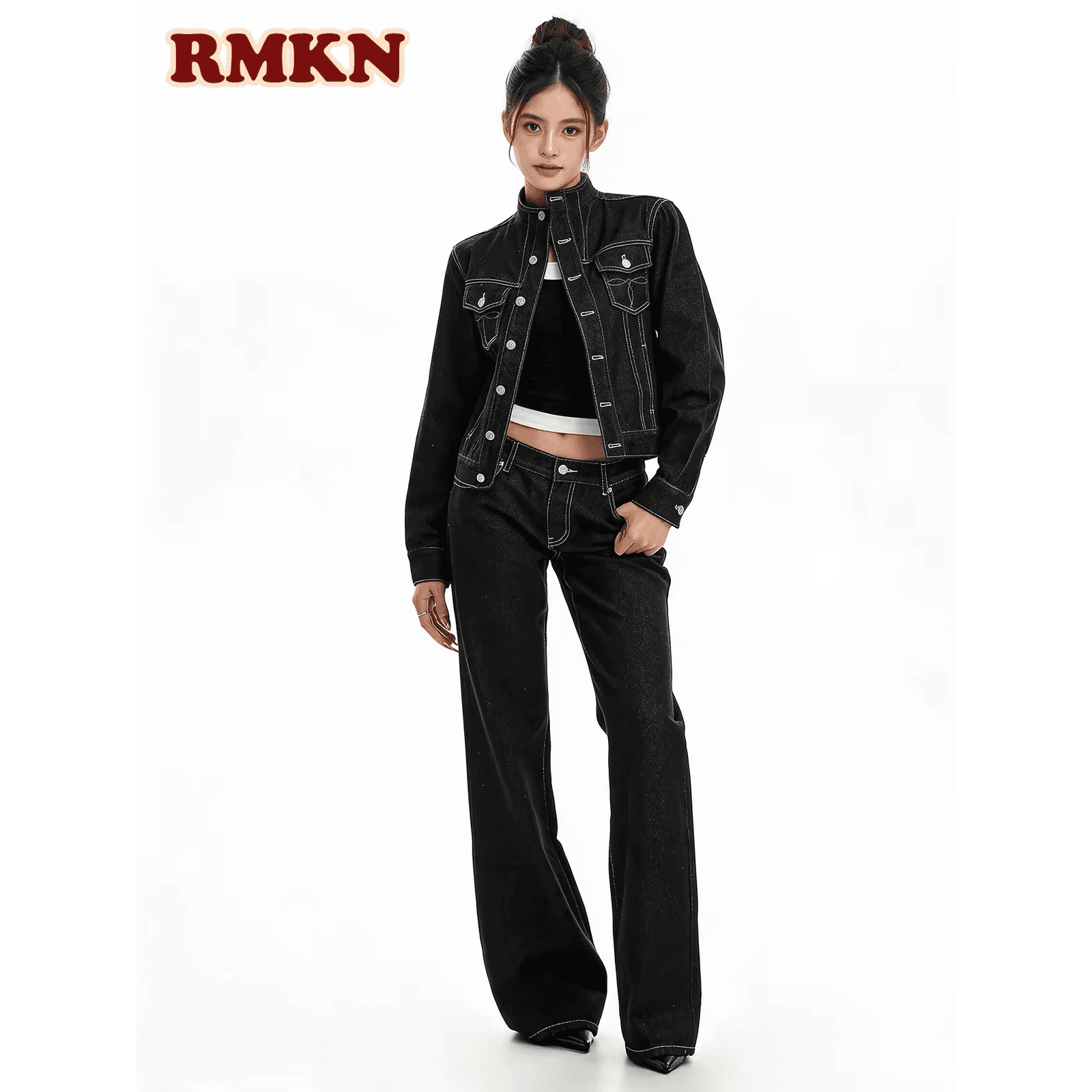 rmkn 아메리칸 레트로 스탠드 칼라 해체 고급 센스 데님 여성 코트 프로필 모양 몸매 가꾸기 슬림해 보이는 조수 브랜드 워크웨어 재킷 이미지 5