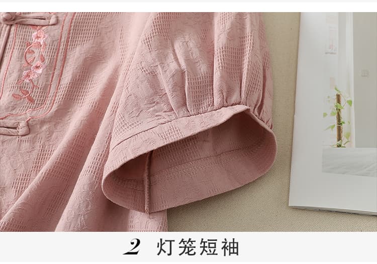 실사 어머니 드레스 여름 섹션 면 린넨 문예 루즈핏 중간 소매 라운드 넥 맨위 반팔 티셔츠 여성 상세 이미지 5