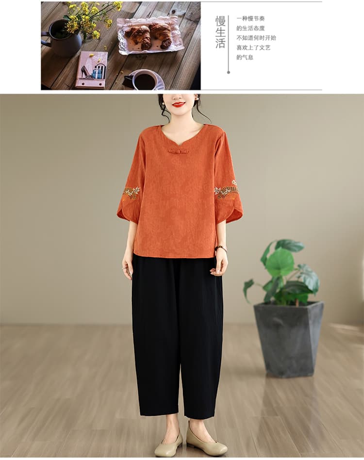 실사 어머니 드레스 여름 섹션 면 린넨 문예 루즈핏 중간 소매 라운드 넥 맨위 반팔 티셔츠 허리밴드 와이드 레깅스 바지 상세 이미지 17